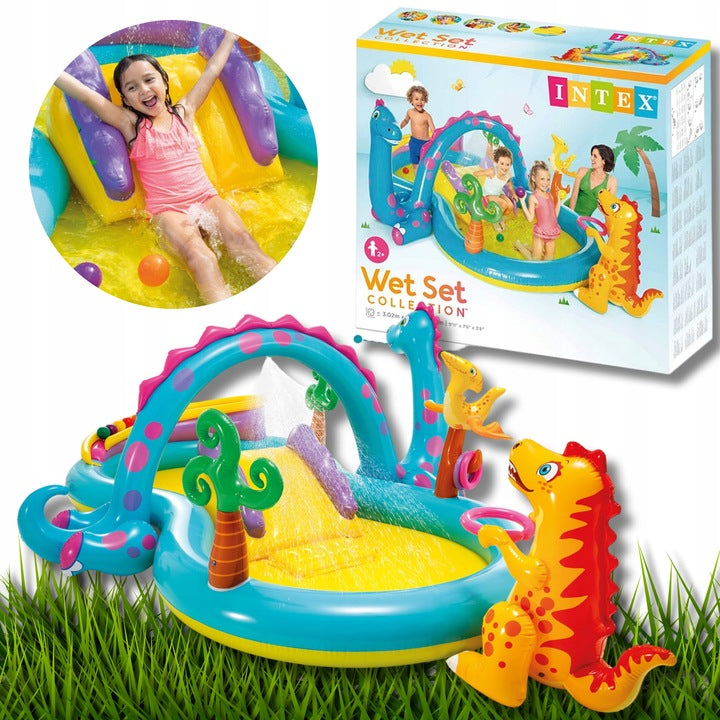 SWIMMING POOL INFLATABLE ROUND PLAYGROUND + SLIDE LARGE FOR CHILDREN DINOSAURS
