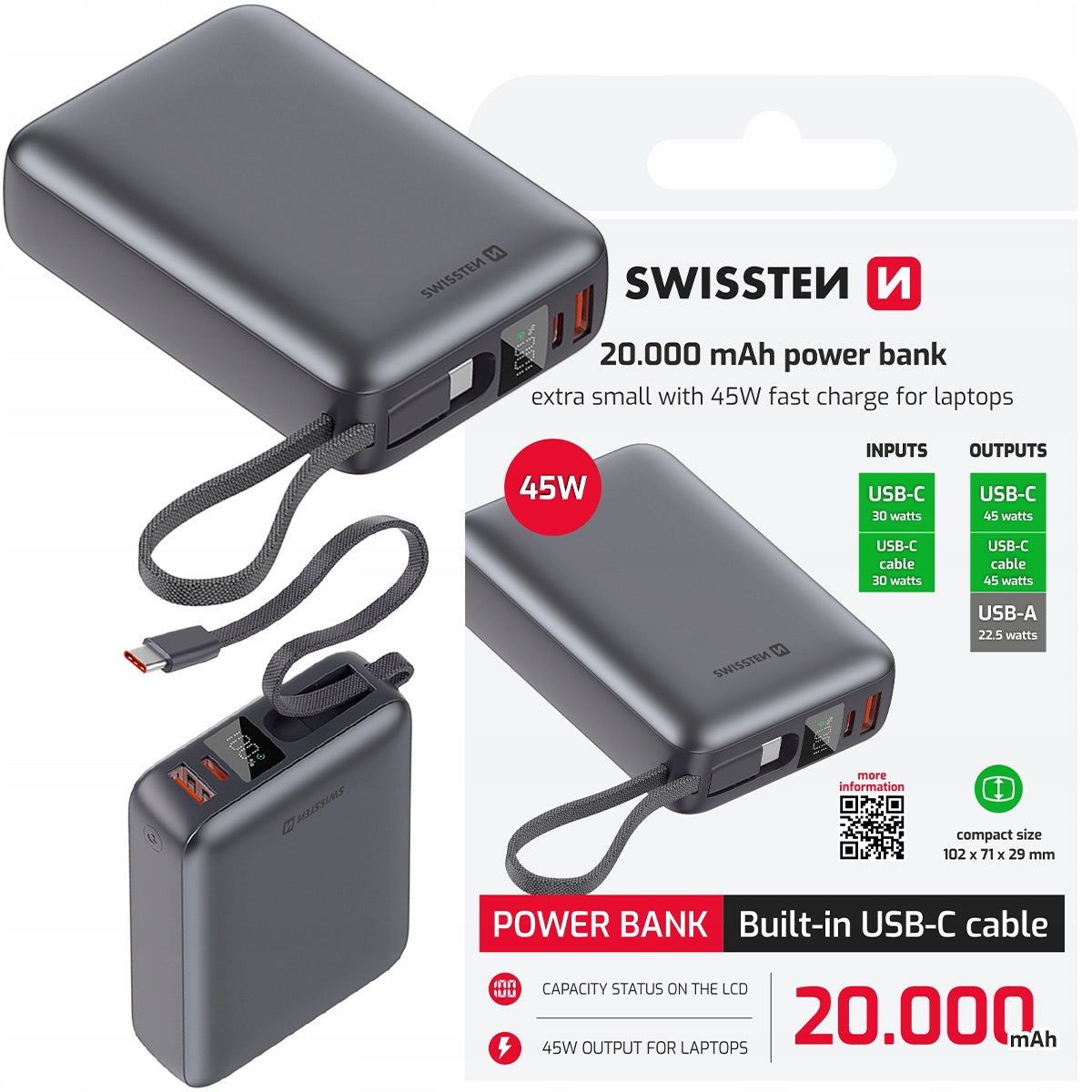 SWISSTEN Compact Powerbank 20000 mAh 45W USB-C Cable LCD Display