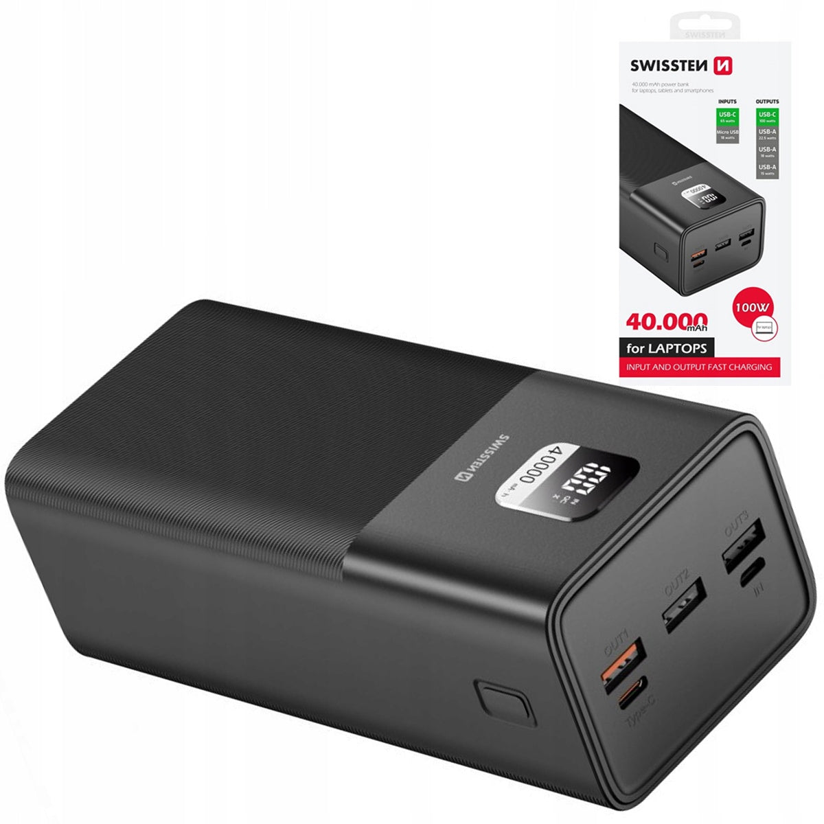 SWISSTEN Powerbank 40000 mAh 3x USB-A USB-C 100W powerful FOR LAPTOP Batteries included no