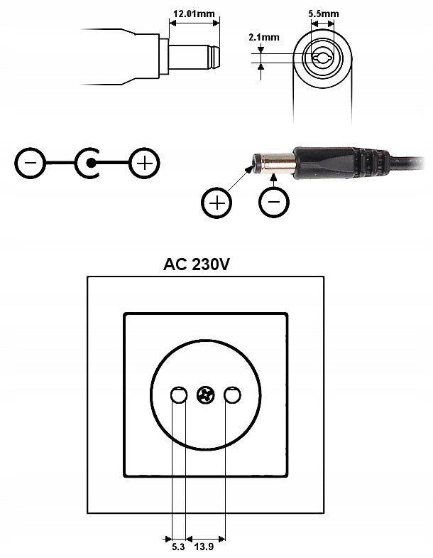SWITCHING POWER SUPPLY 12V DC 1A 12W 12VDC 1000mA Manufacturer code ZASILACZ WTYCZKOWY IMPULSOWY 12V DC 1A