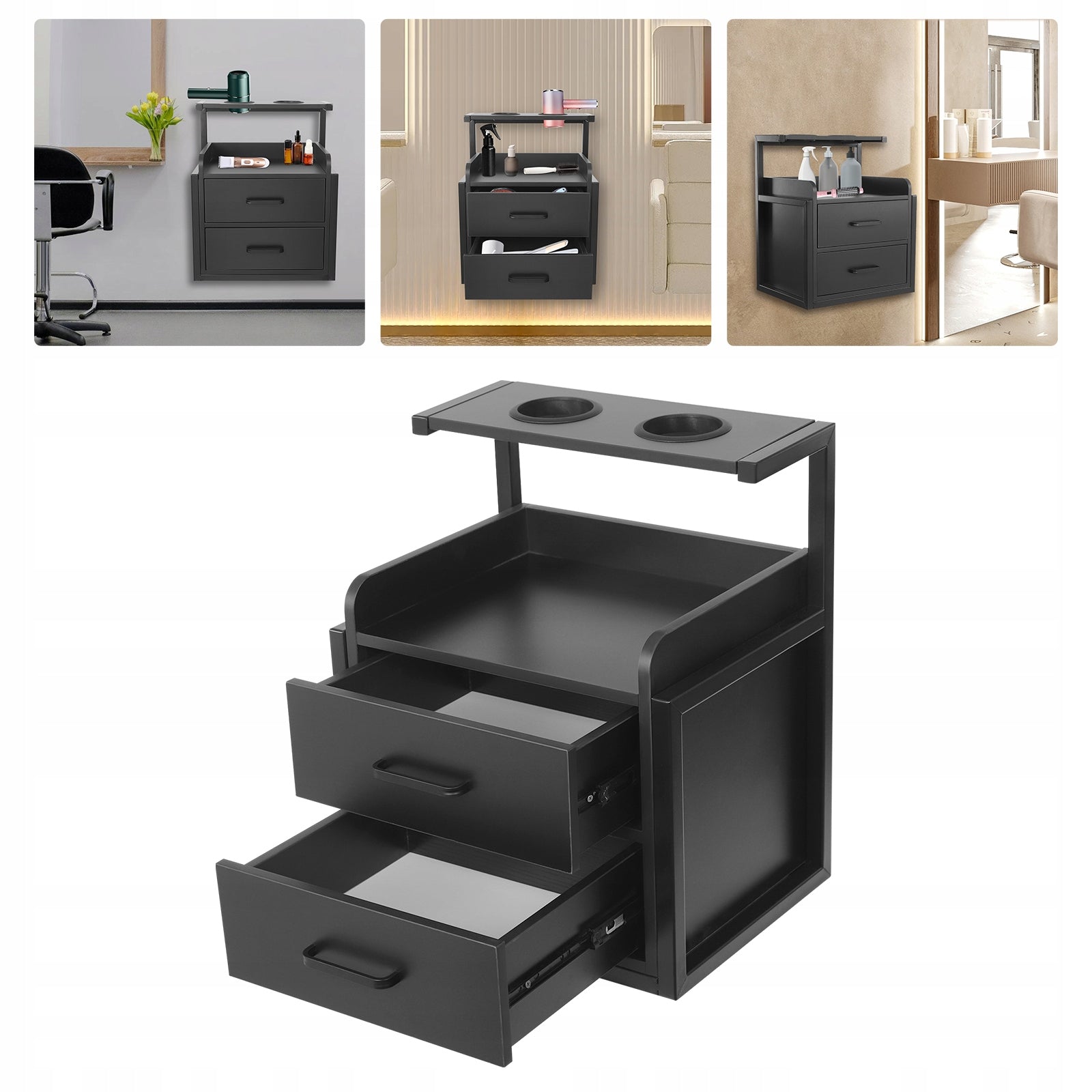 Salon Storage Cabinet Wall Mounted 2 Drawers 40x30x48cm Black for Beauty
