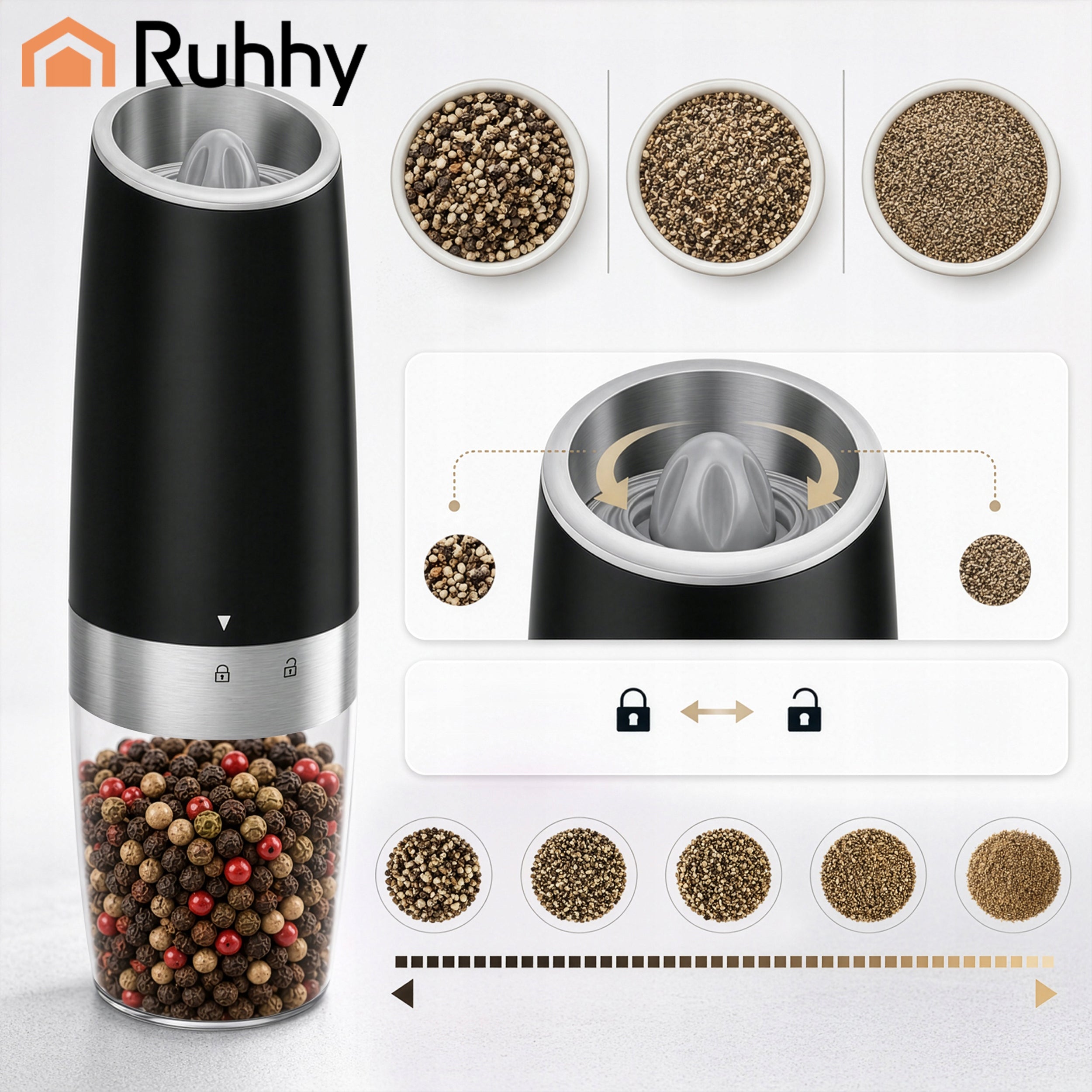 Salt Pepper Grinder Grinding Spices Automatic Gravity LED 2pcs Manufacturer code Młynek elektryczny grawitacyjny- 2szt. 19558