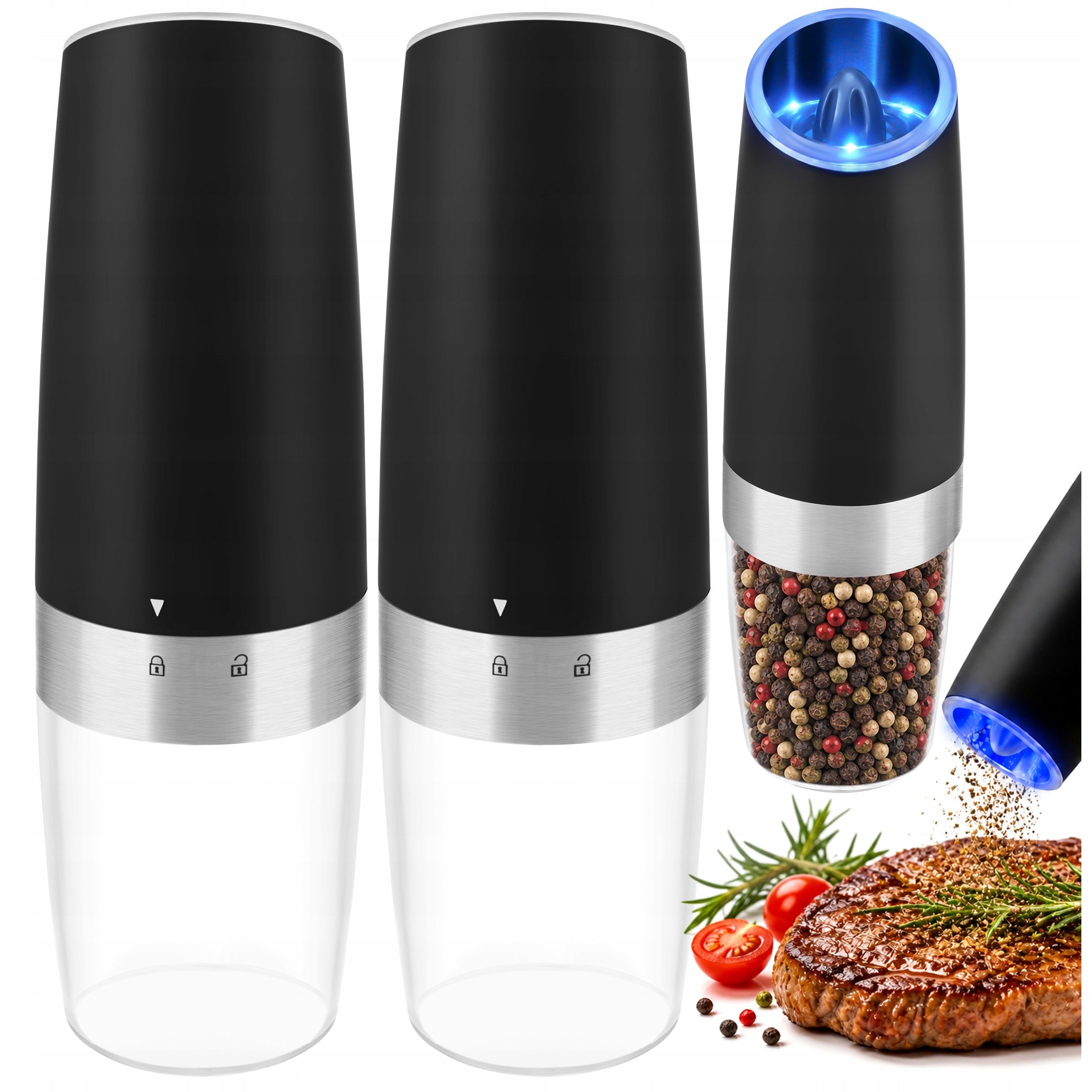 Salt Pepper Grinder Grinding Spices Automatic Gravity LED 2pcs