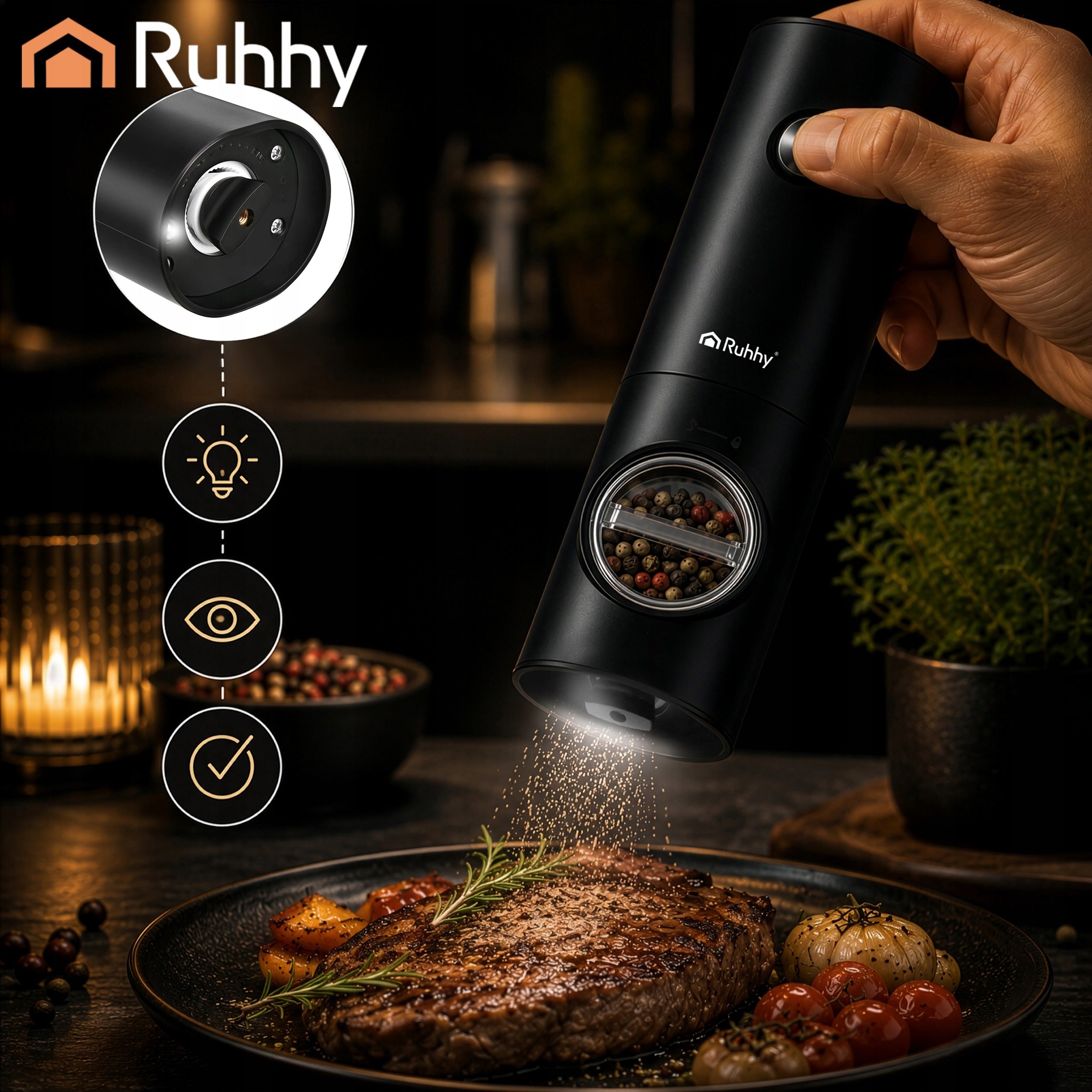 Salt Pepper Grinder Grinding Spices Electric Ceramic LED 2 Pcs Manufacturer code Młynek elektryczny - 2 szt. Ruhhy 28695