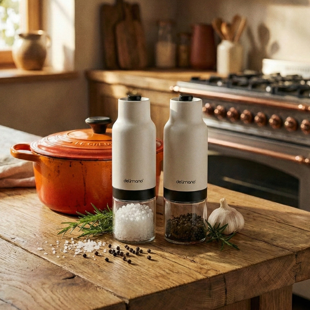 Salt and Pepper Grinder Electric Gravity Ceramic White Brand Delimano
