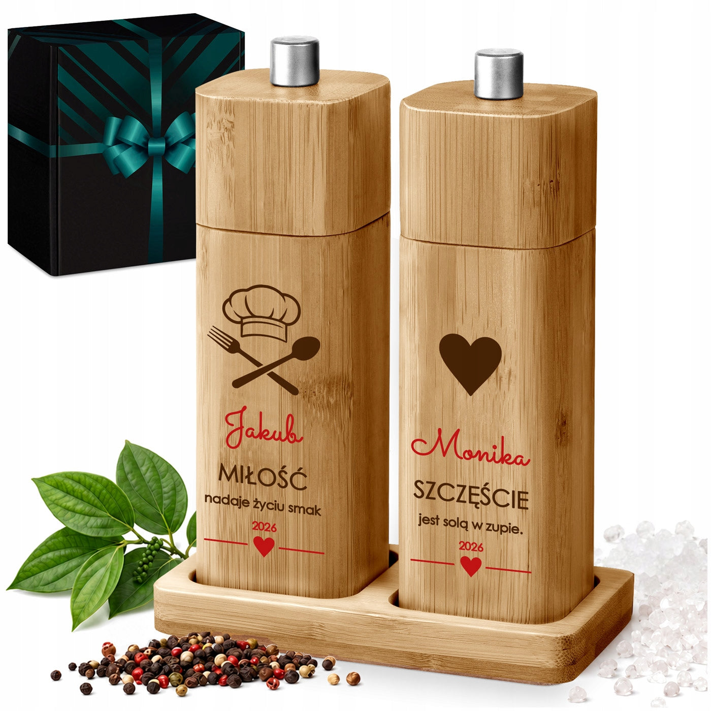 Salt and Pepper Grinders Hand Print Wooden Wedding Anniversary Gift