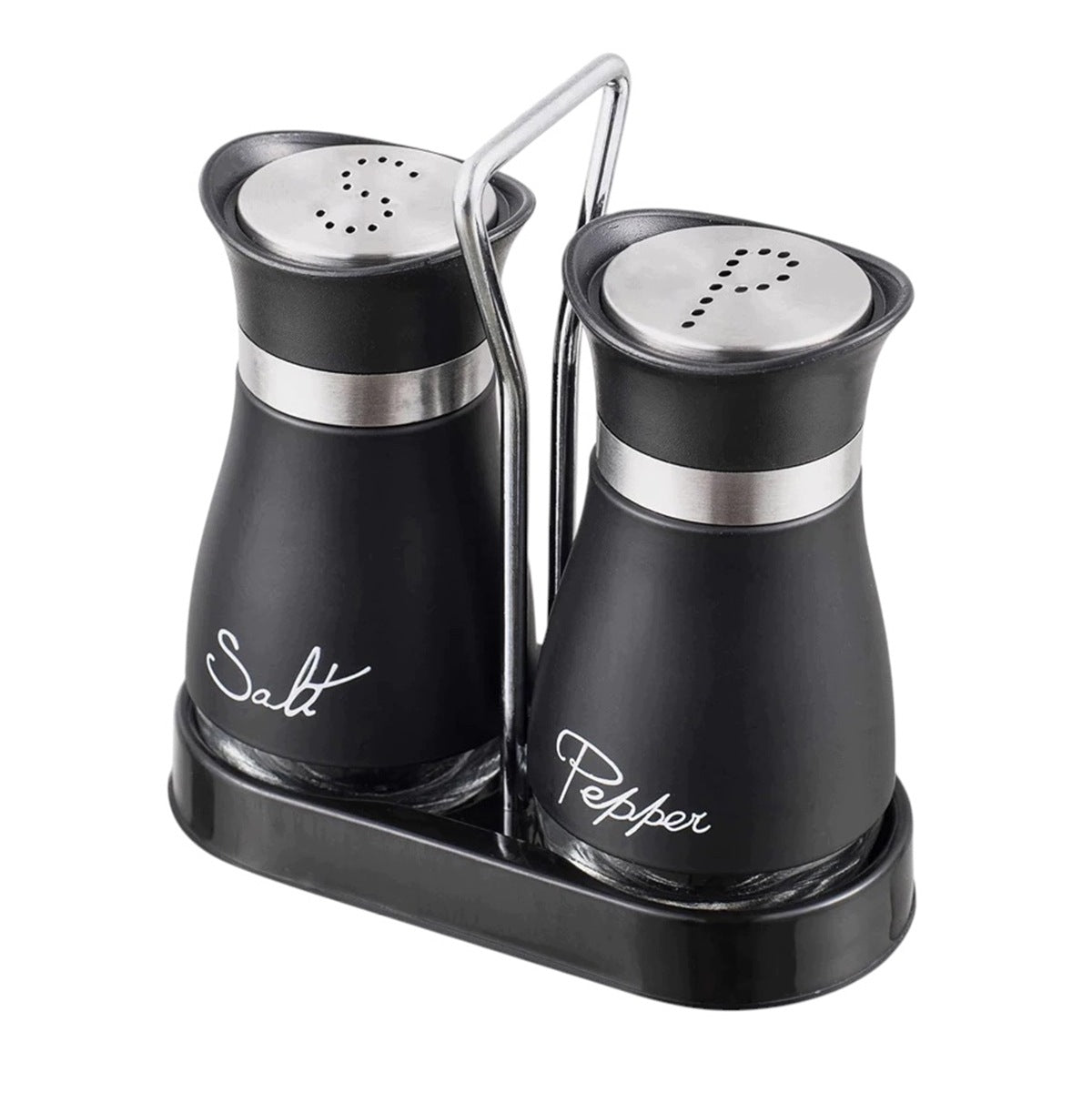 Salt and Pepper shaker Glass set with stand Black kitchen gadget Packaging status original