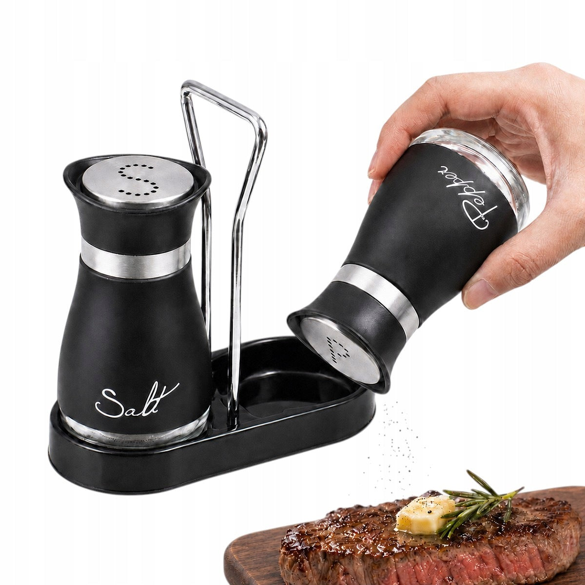 Salt and Pepper shaker Glass set with stand Black kitchen gadget
