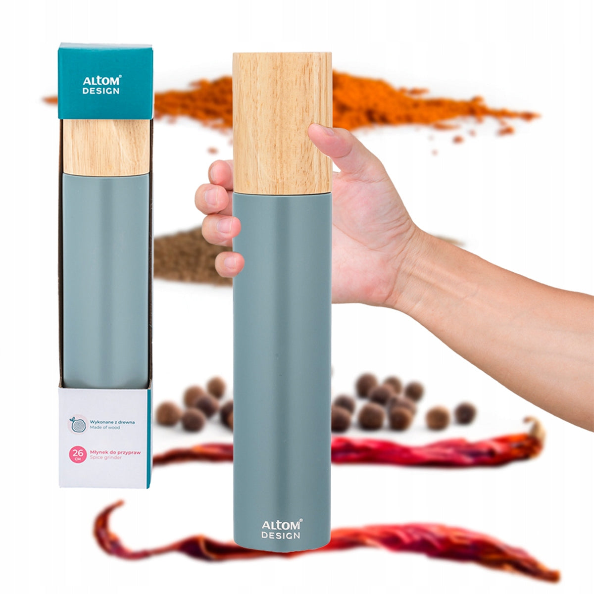 Salt and pepper grinder wooden grinding adjustment Altom Design green