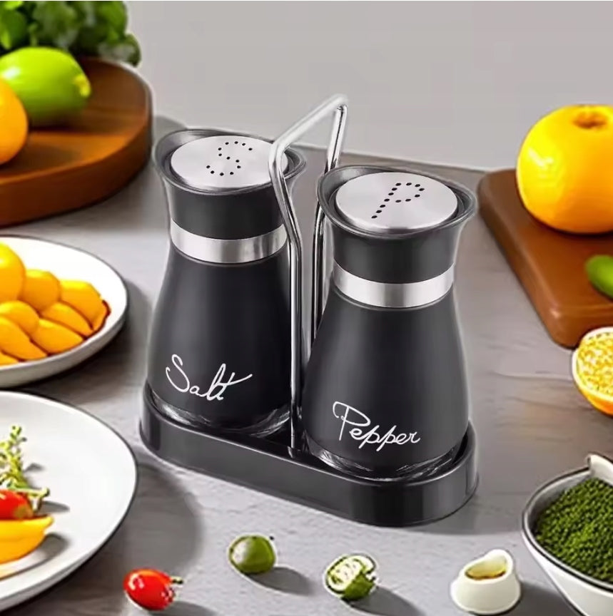 Salt and pepper shaker set black glass with stand stainless steel Packaging status original