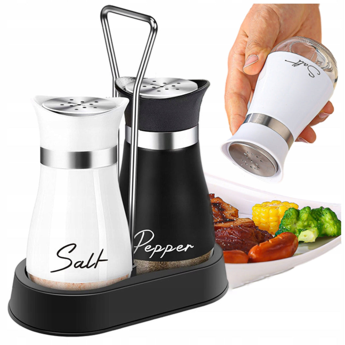 Salt and pepper shaker set with salt stand pepper seasoning