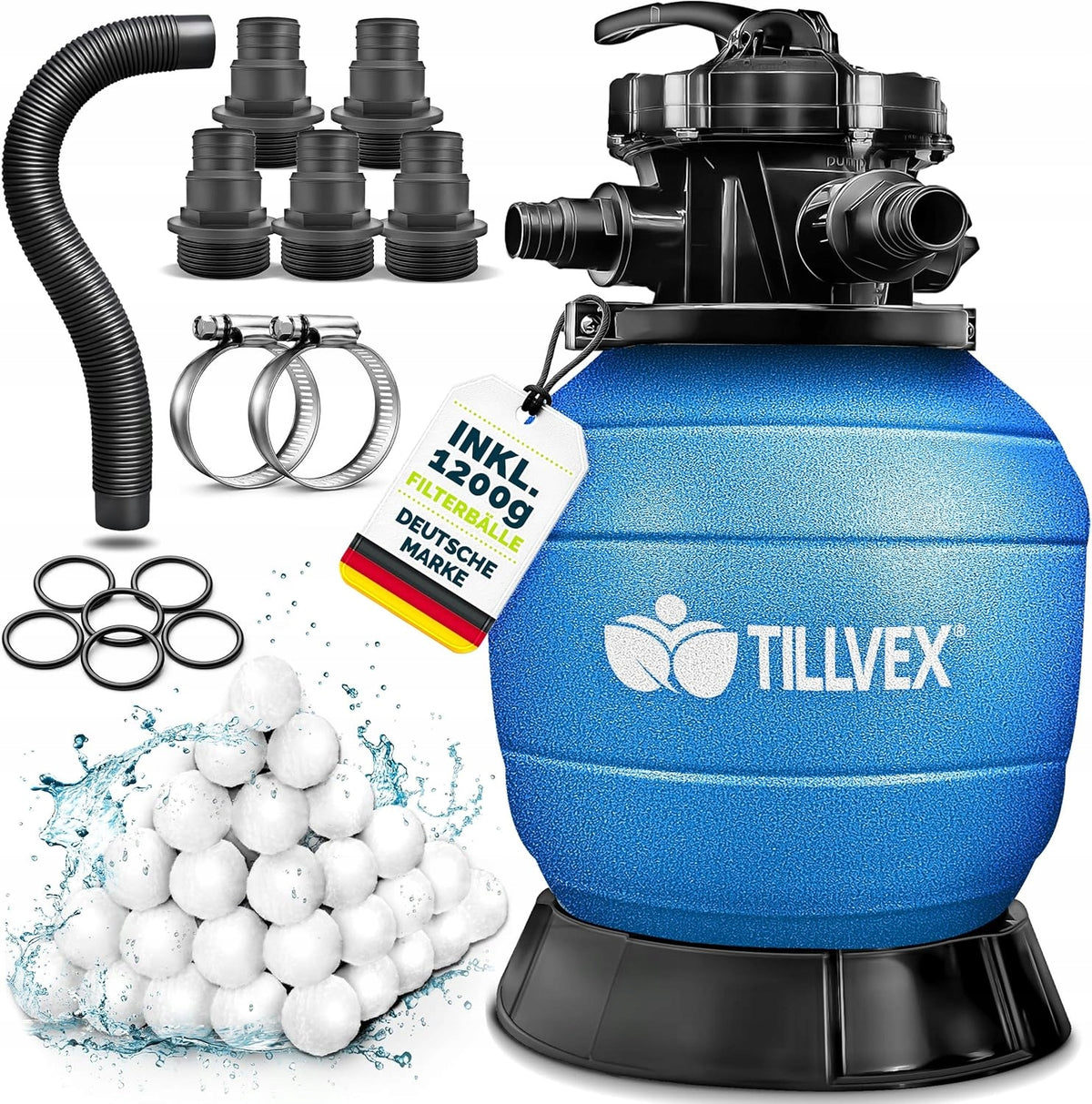 Sand filter tillvex for swimming pools without pump + filter balls up to 35 m³