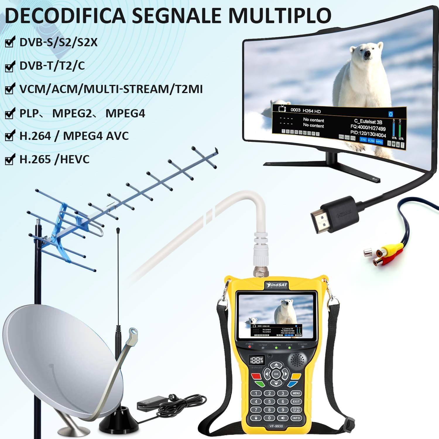 Satellite meter VF9930 DVB-S2/S/S2X/T2/T/C 4,3" LCD + Akcesoria Set Brand no brand