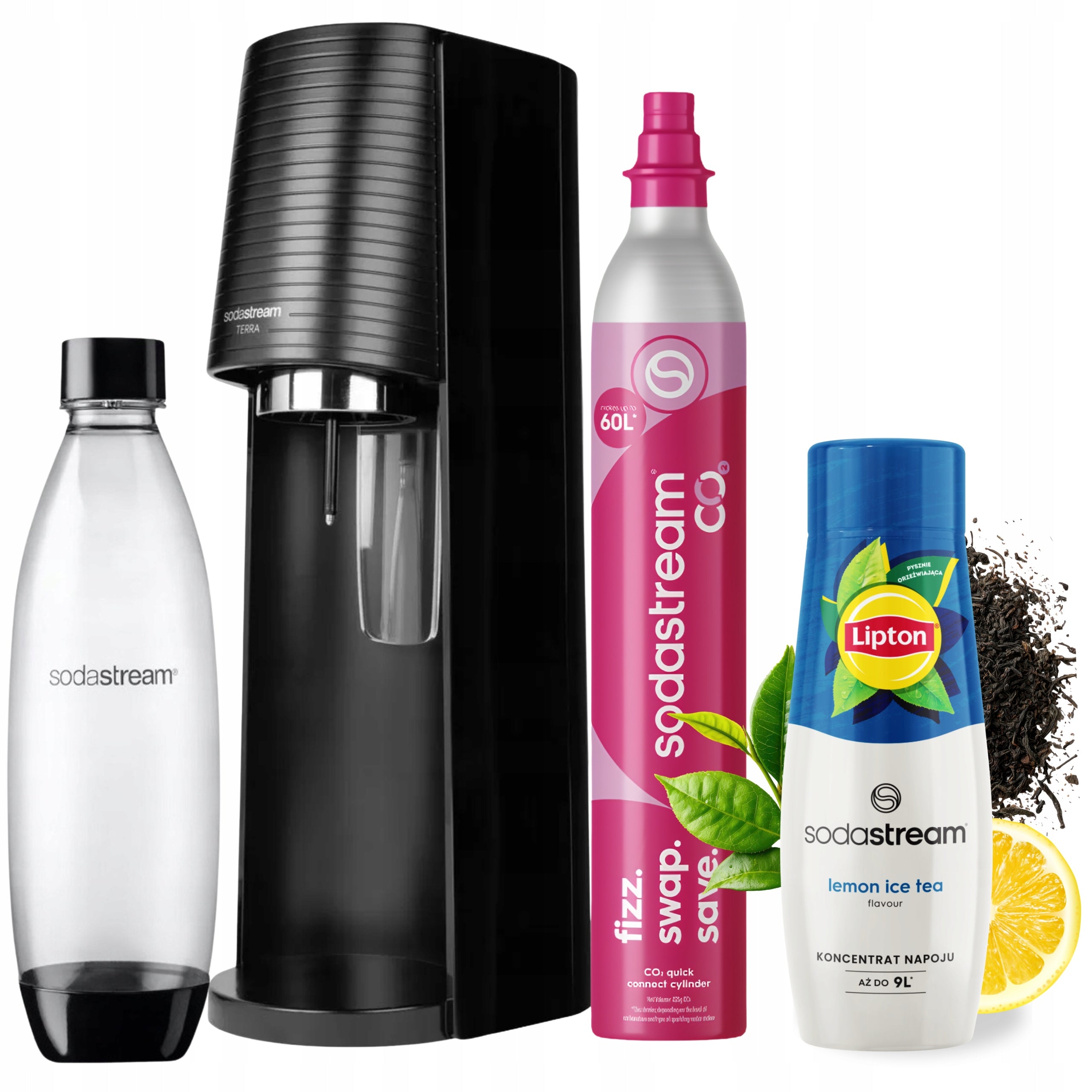 Saturator Black Terra SodaStream + 1L Bottle + Lipton Ice Tea Lemon Syrup