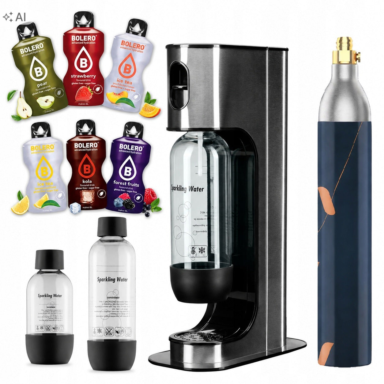 Saturator for sparkling water 6 SACHETS + 1CO2 + 2 BOTTLES 1L + BOTTLE 0,5L