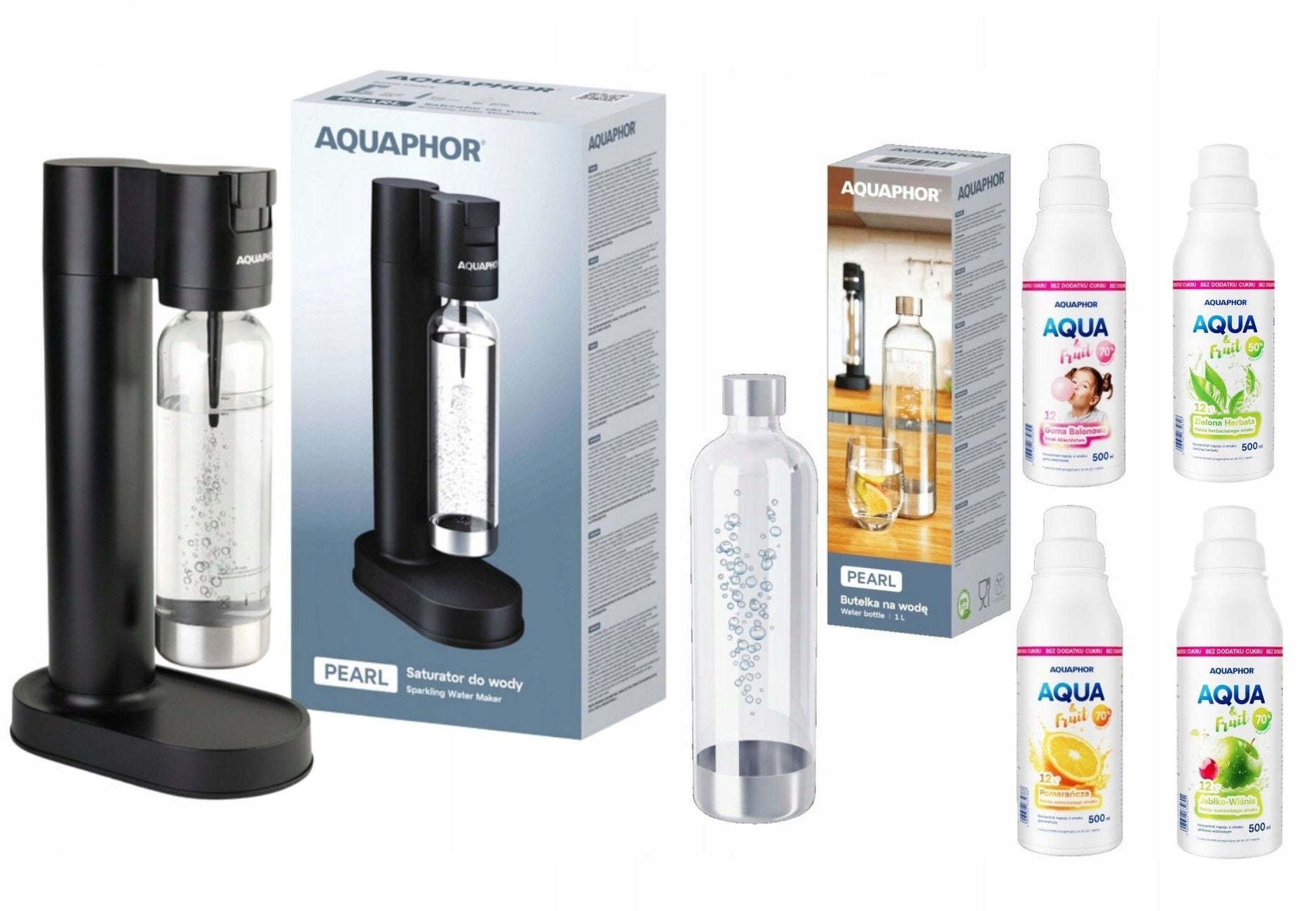 Saturator for water AQUAPHOR PEARL black with 1L bottle + 4 syrups FREEBIE