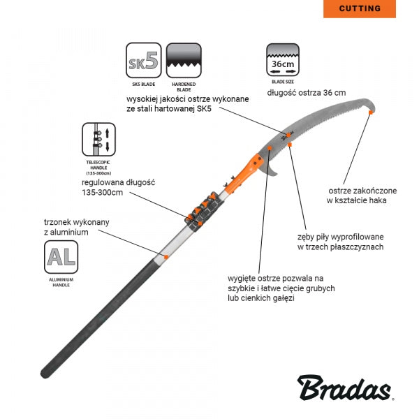 Saw with telescopic hook for cutting branches and wood 3m KT-V1501-300 Manufacturer code KT-V1501-550