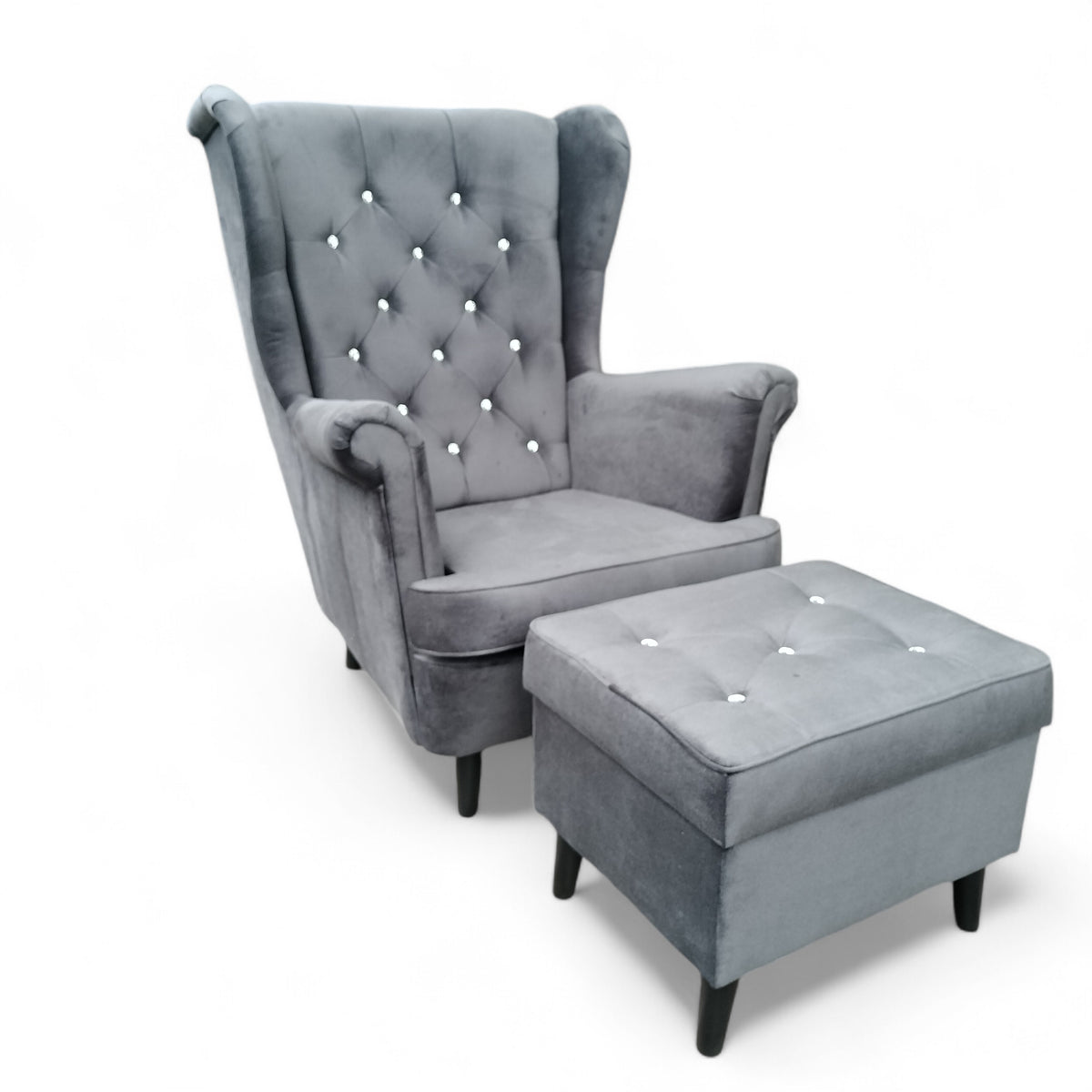 Scandinavian Uszak Armchair with Footrest Crystal Buttons Comfortable Grey