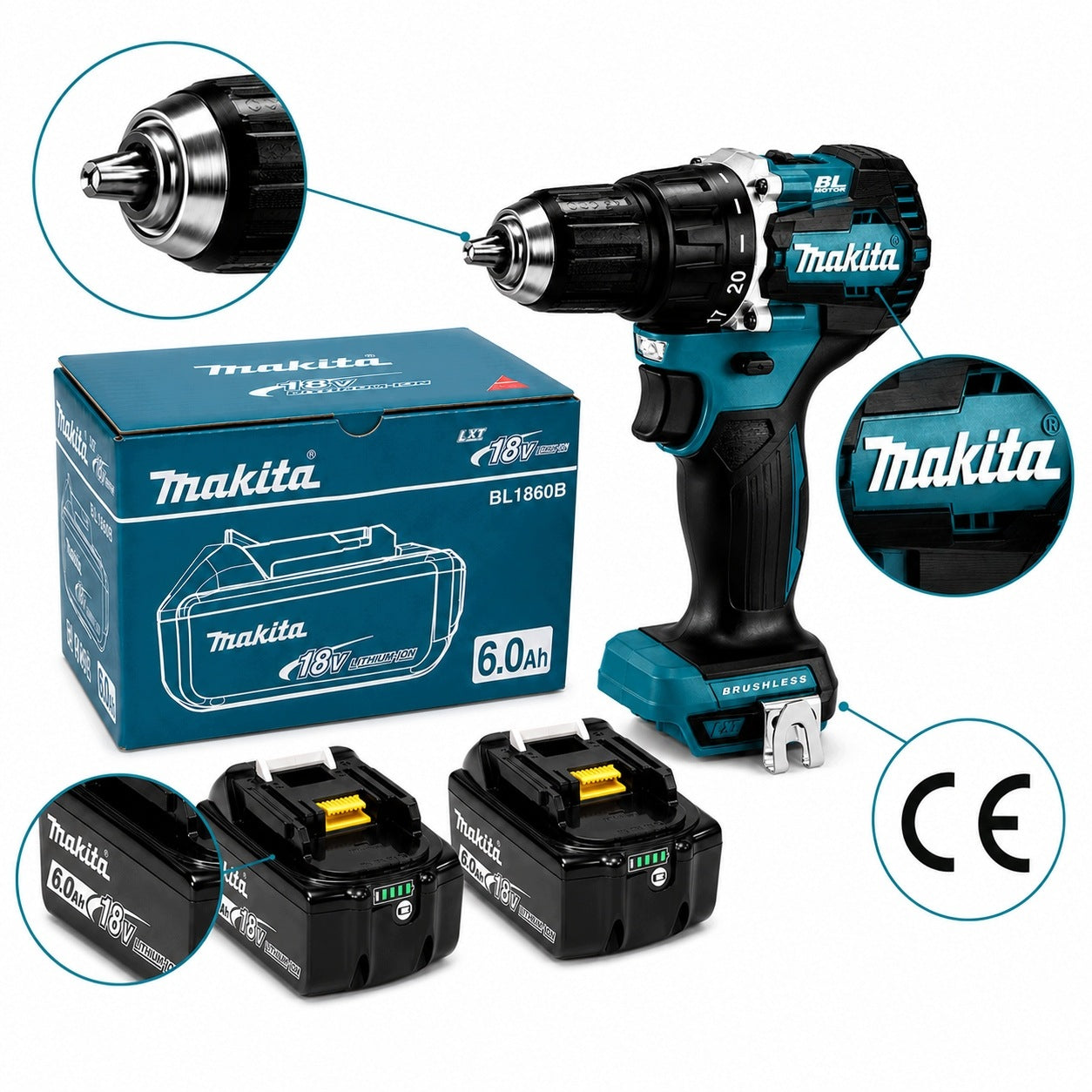 Screwdriver 18V DDF487 2 Brushless Batteries Compatible Makita Manufacturer code DDF487+MT-18V-6Ah-1B2C