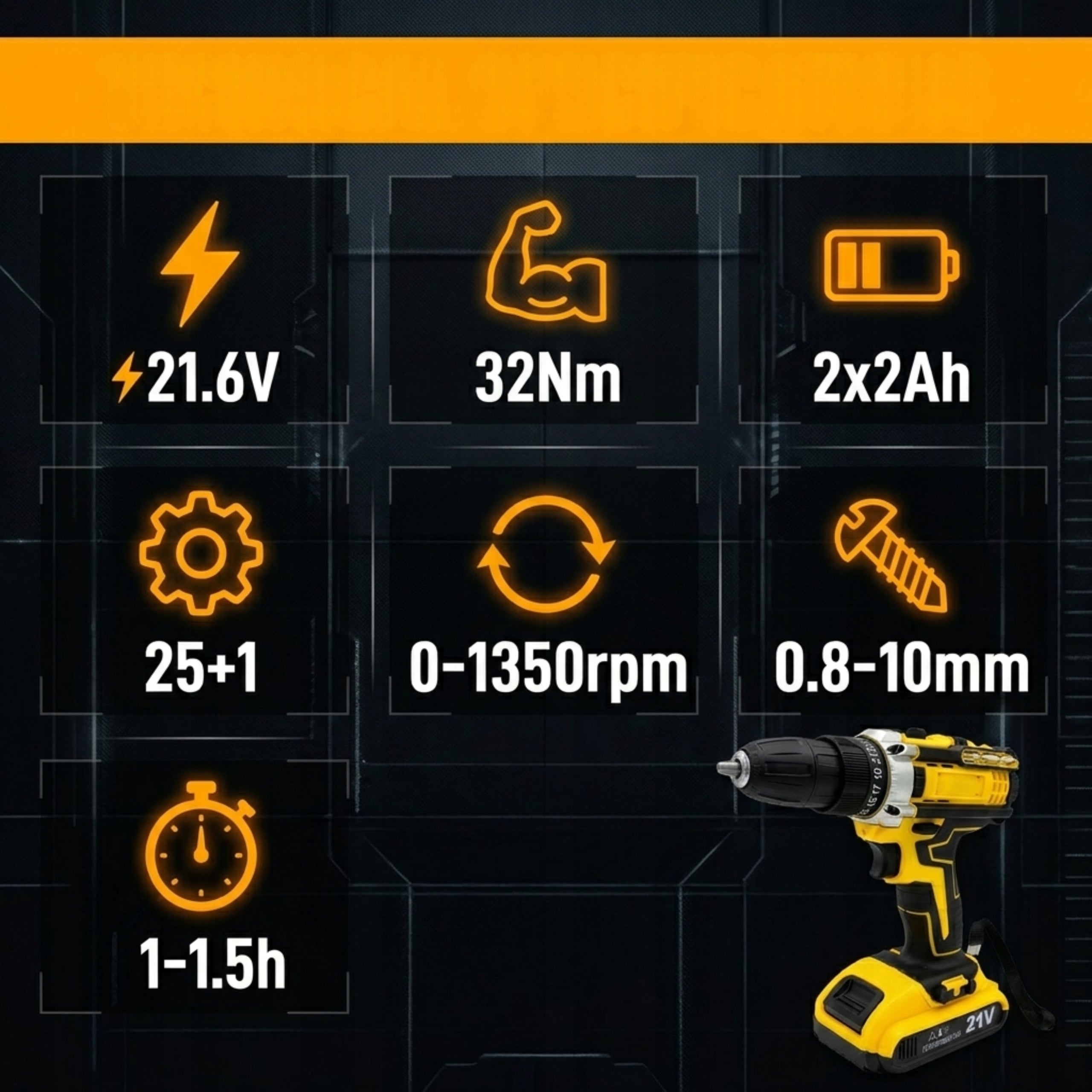 Screwdriver Cordless DRILL 21,6V YELLOW Suitcase + 2x AKU 21V Strong Manufacturer code WKRĘTARKA Akumulatorowa WIERTARKA 21,6V ŻÓŁTA