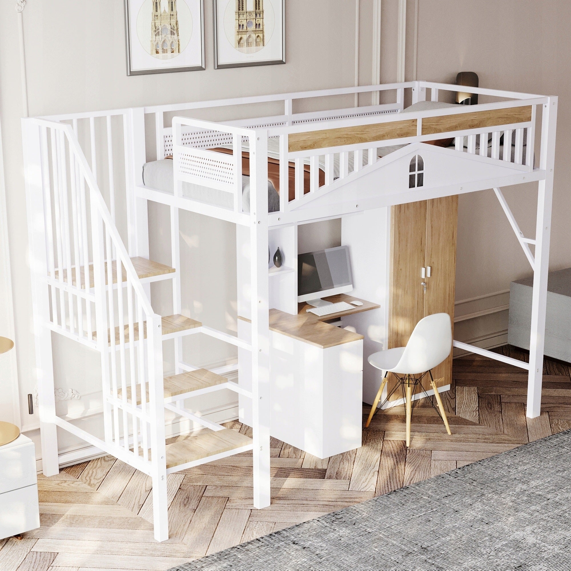 Secure Metal Loft Bed 90x200 cm in White with Space Beneath for Storage Brand no brand