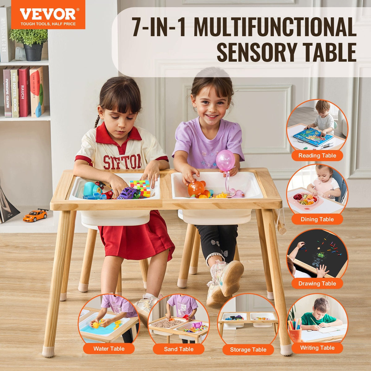 Sensory Table Wooden Pine Set with 2 Stools and 2 Containers Brand no brand