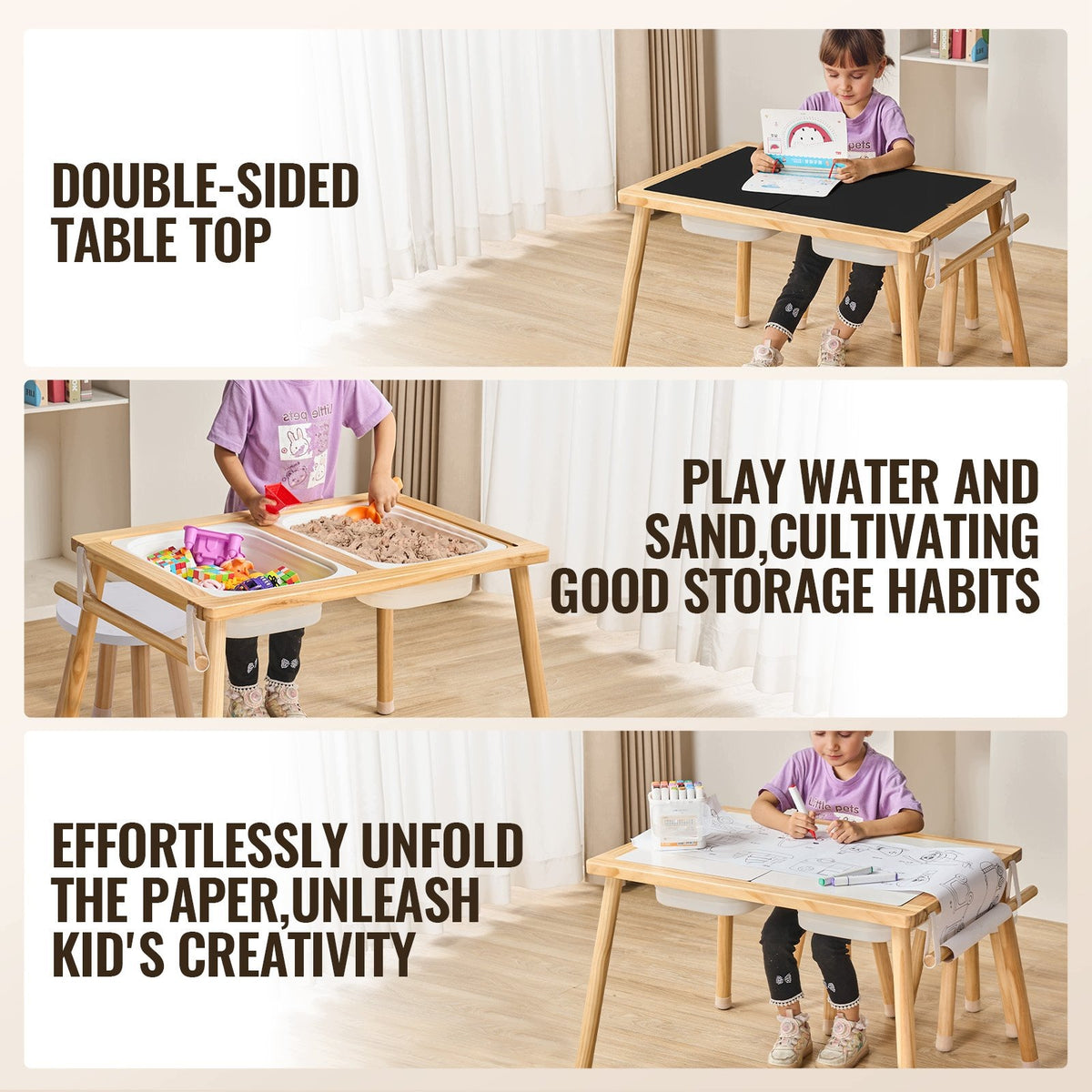 Sensory Table Wooden Pine Set with 2 Stools and 2 Containers Kid's age 2＋ years
