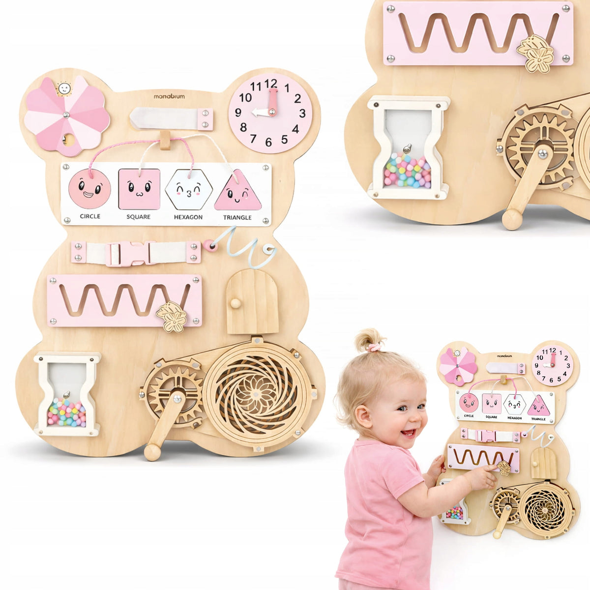 Sensory board Montessori Bear Mamabrum clock labyrinth moving elements