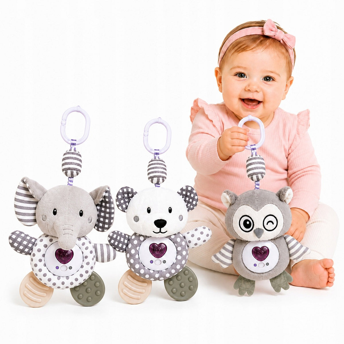 Sensory pendants for stroller crib light sound owl bear elephant 0+