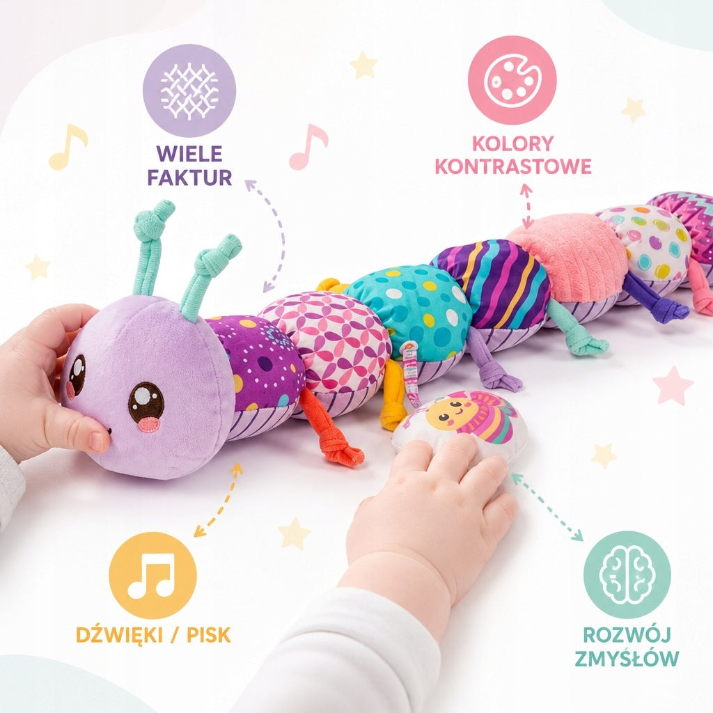 Sensory toy purple music caterpillar plush Manufacturer code 4 w 1 muzyczna zabawka dla niemowląt