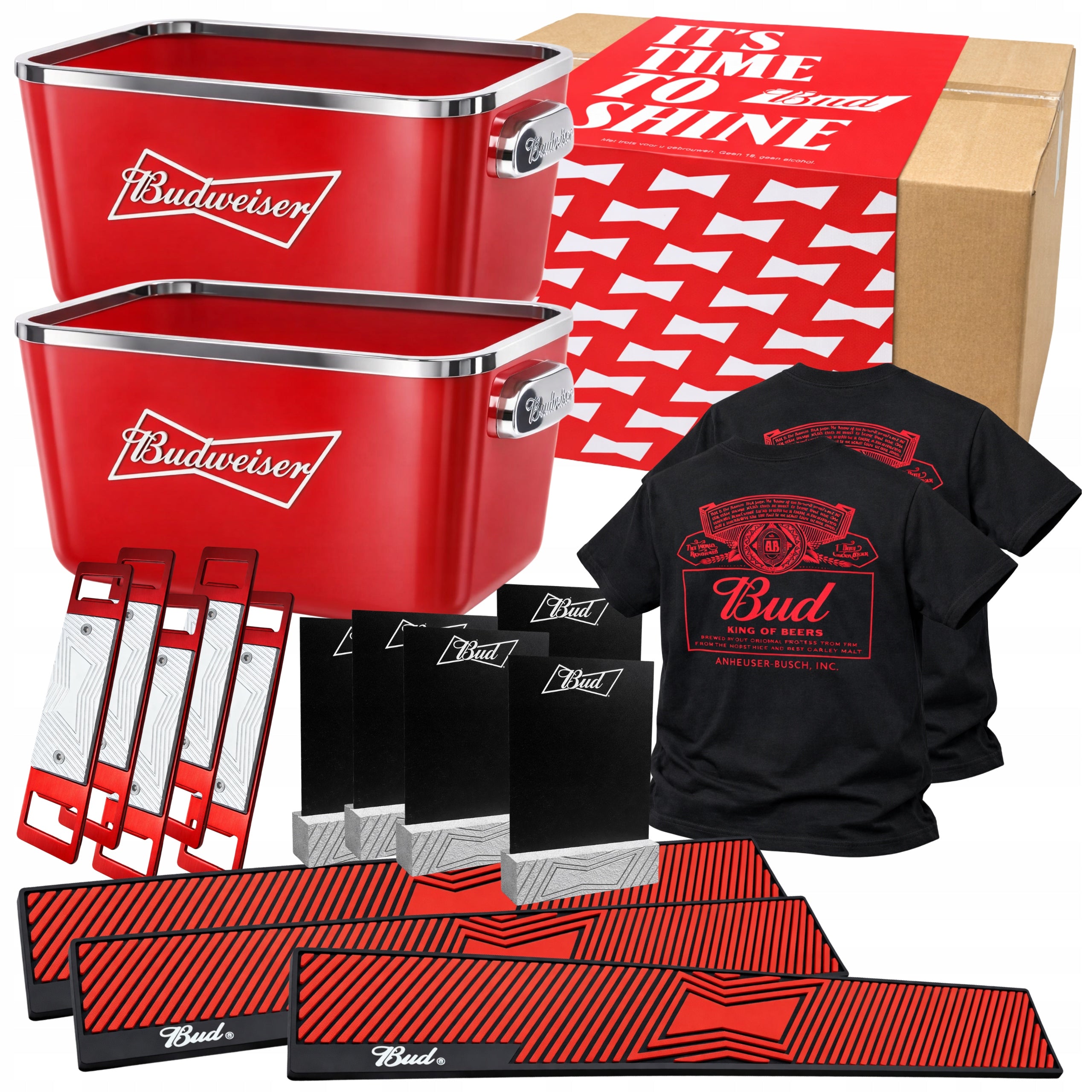 Set BUDWEISER XXL 2x Cooler ICE BUCKET T-Shirts Bar Mats Openers