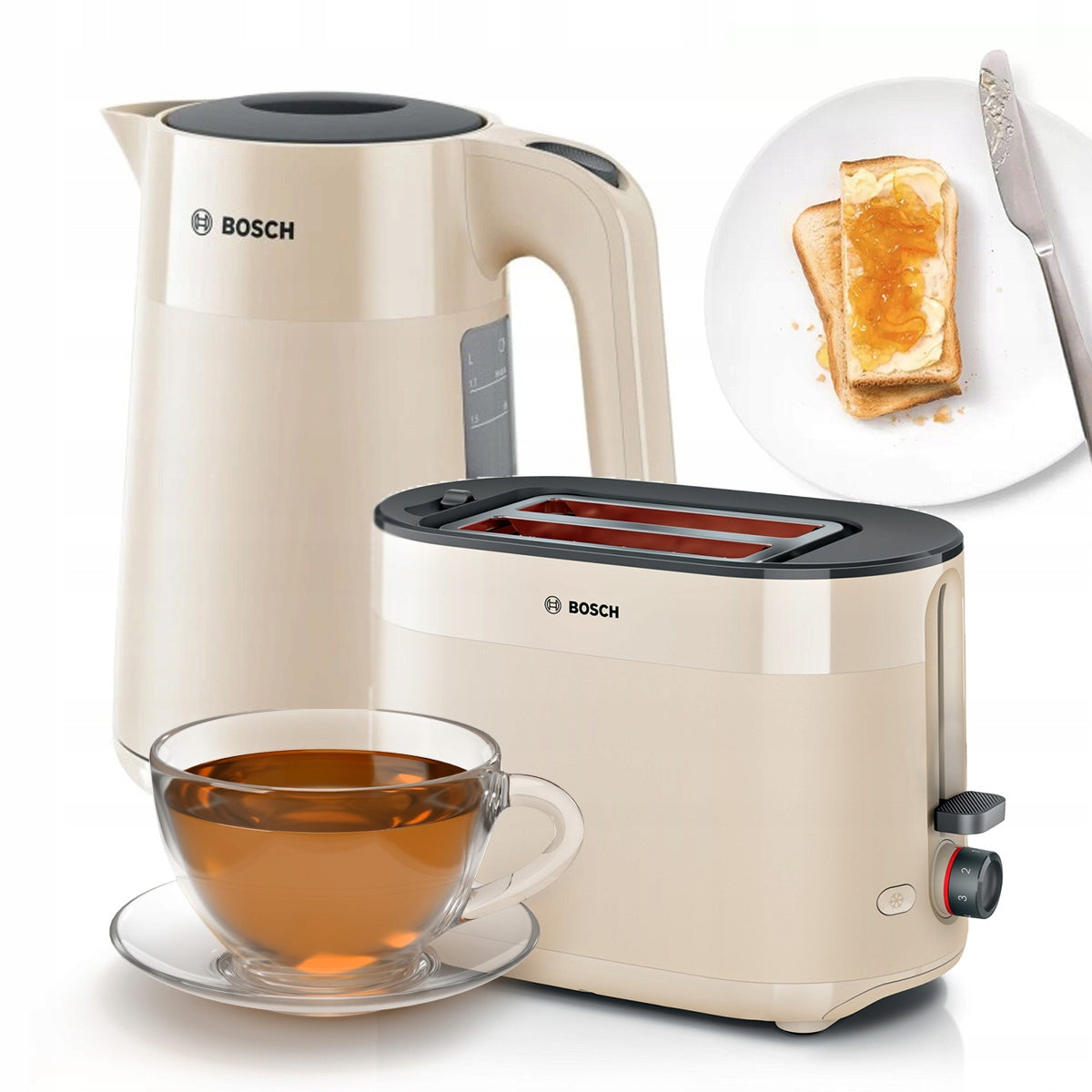 Set Bosch MyMoment Electric Kettle TWK2M167+Toaster TAT2M127 Cream