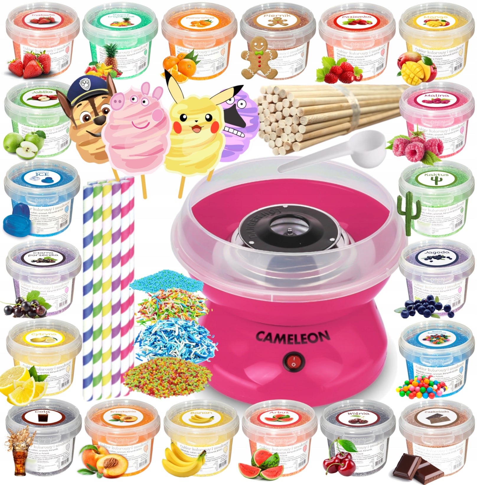 Set Cotton Candy Machine + Sugar 20x 100g Bucket+ Sticks+ Sprinkles