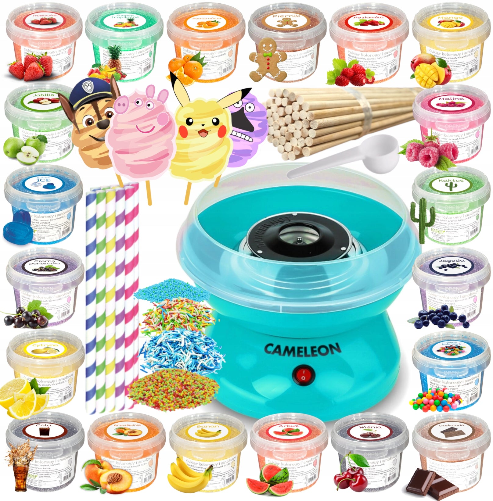 Set Cotton Candy Machine + Sugar 20x 100g Bucket+ Sticks+ Sprinkles