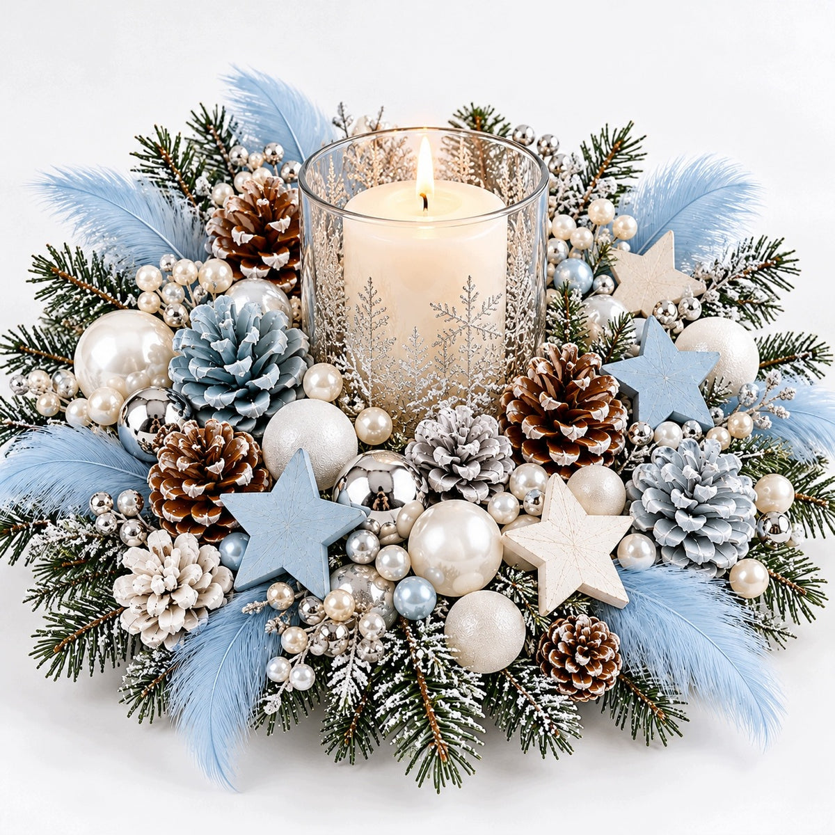 Set DIY blue white silver cones stars feathers pearls baubles Packaging status original