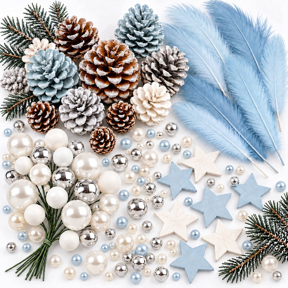 Set DIY blue white silver cones stars feathers pearls baubles