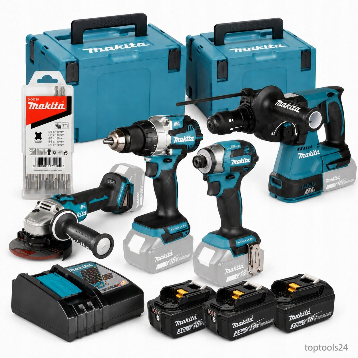 Set DLX4196JX1 Makita COMBO DHR243 DGA504 DTD173 DHP489 18V 3x3Ah