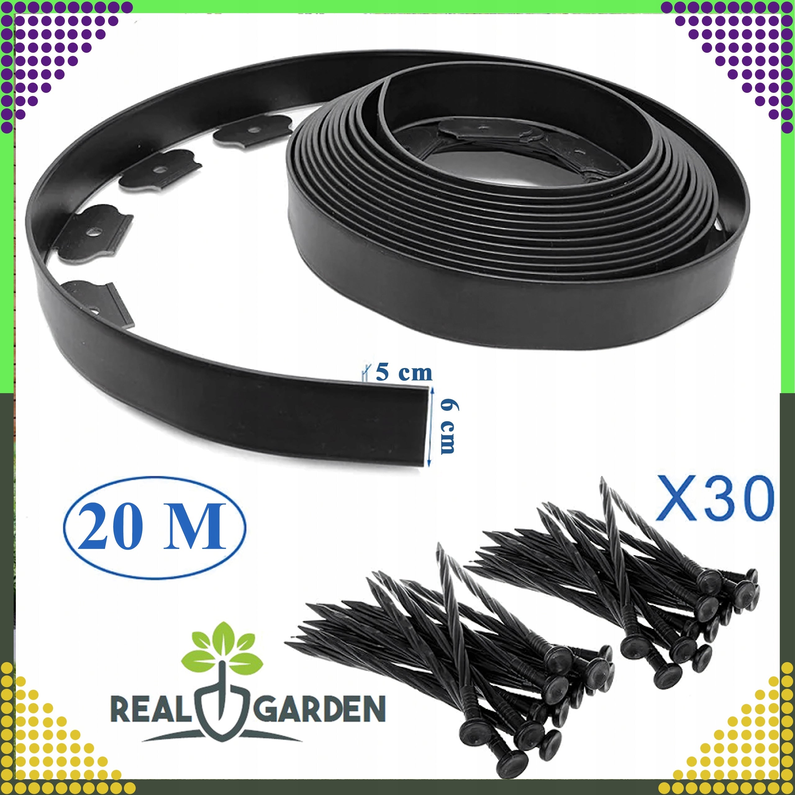 Set Garden Lawn edging 60x50x20m 60 Pins Anchors Black Length 2000 cm