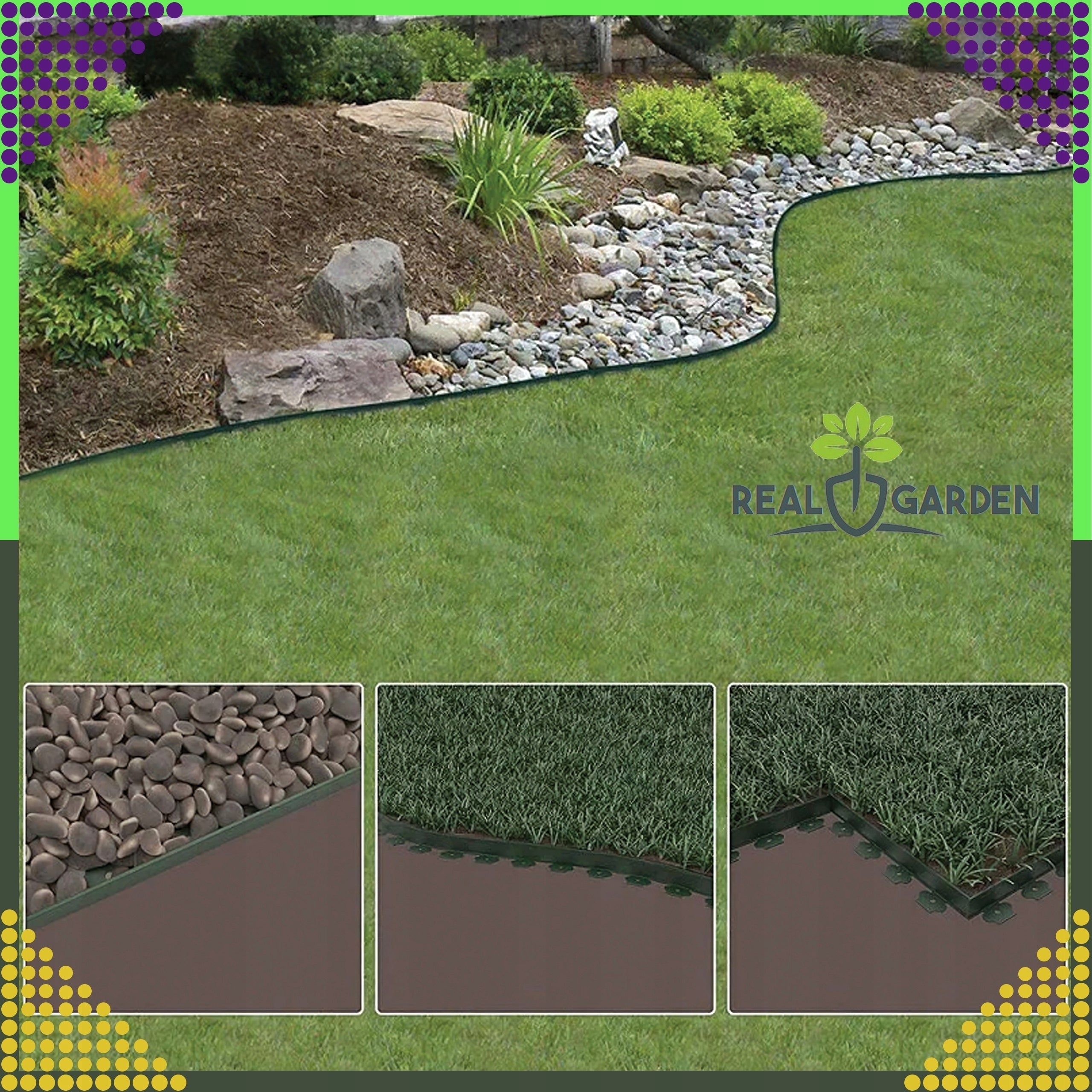 Set Garden Lawn edging 60x50x20m 60 Pins Anchors Black Product height 6 cm