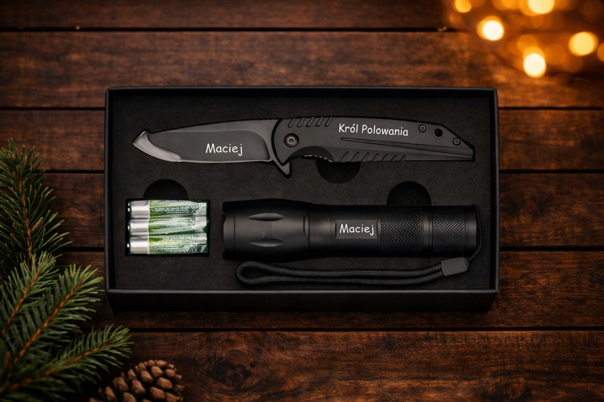 Set KNIFE Black Folding LED FLASHLIGHT with ENGRAVING FREEBIE for Grandpa's Dad Manufacturer code Zestaw NÓŻ Czarny Składany LATARKA z GRAWEREM