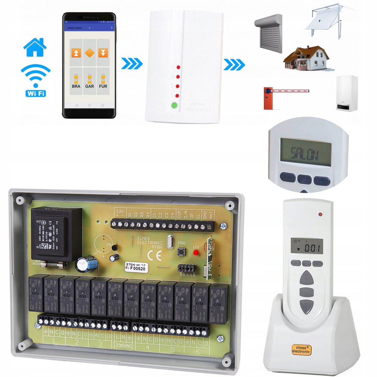 Set: ST6H controller for 6 roller shutters + STX LCD v.2 remote control + WF1 module - ELMES