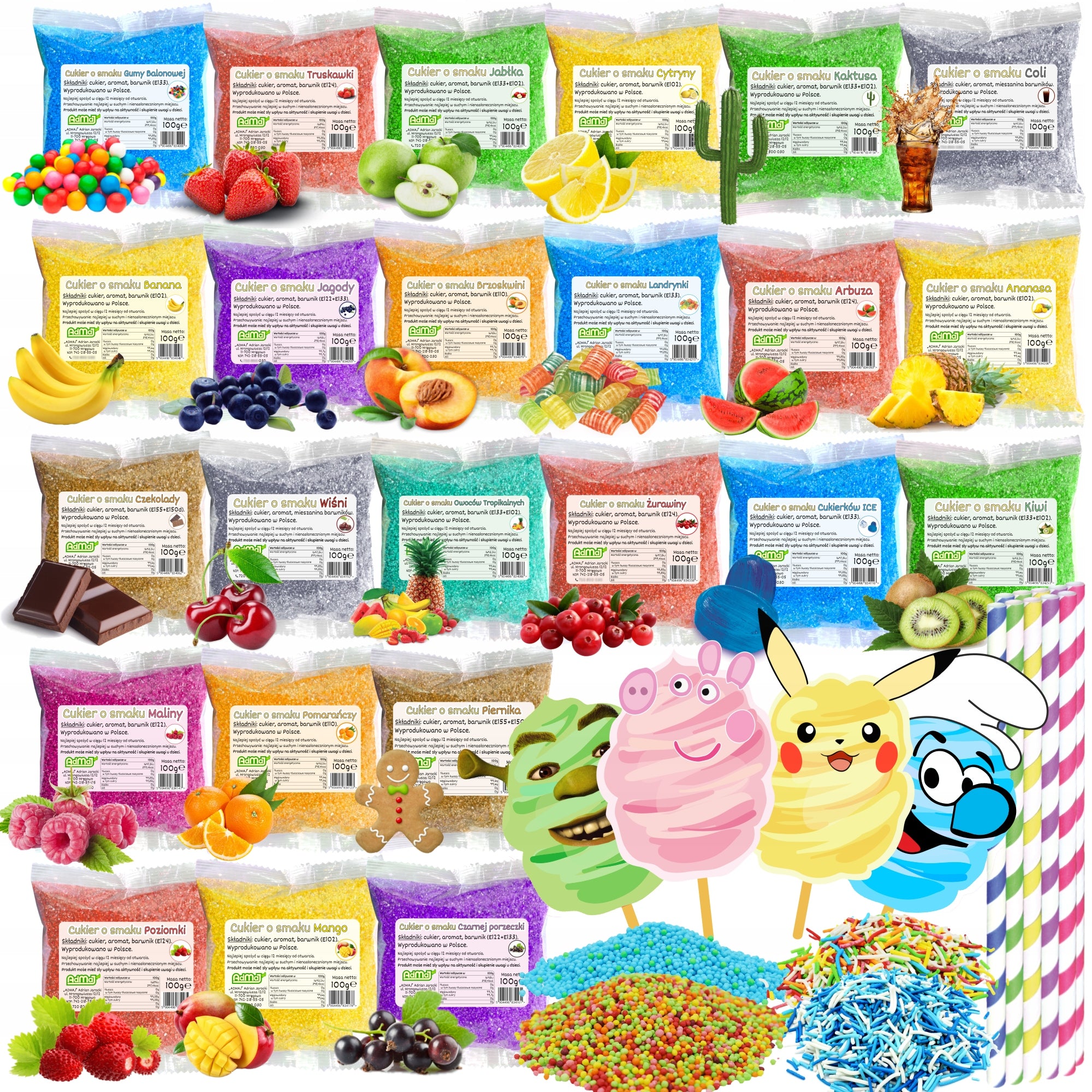 Set Sugar 24x 100g Colorful Flavours in Sachets Sprinkles Characters Straws