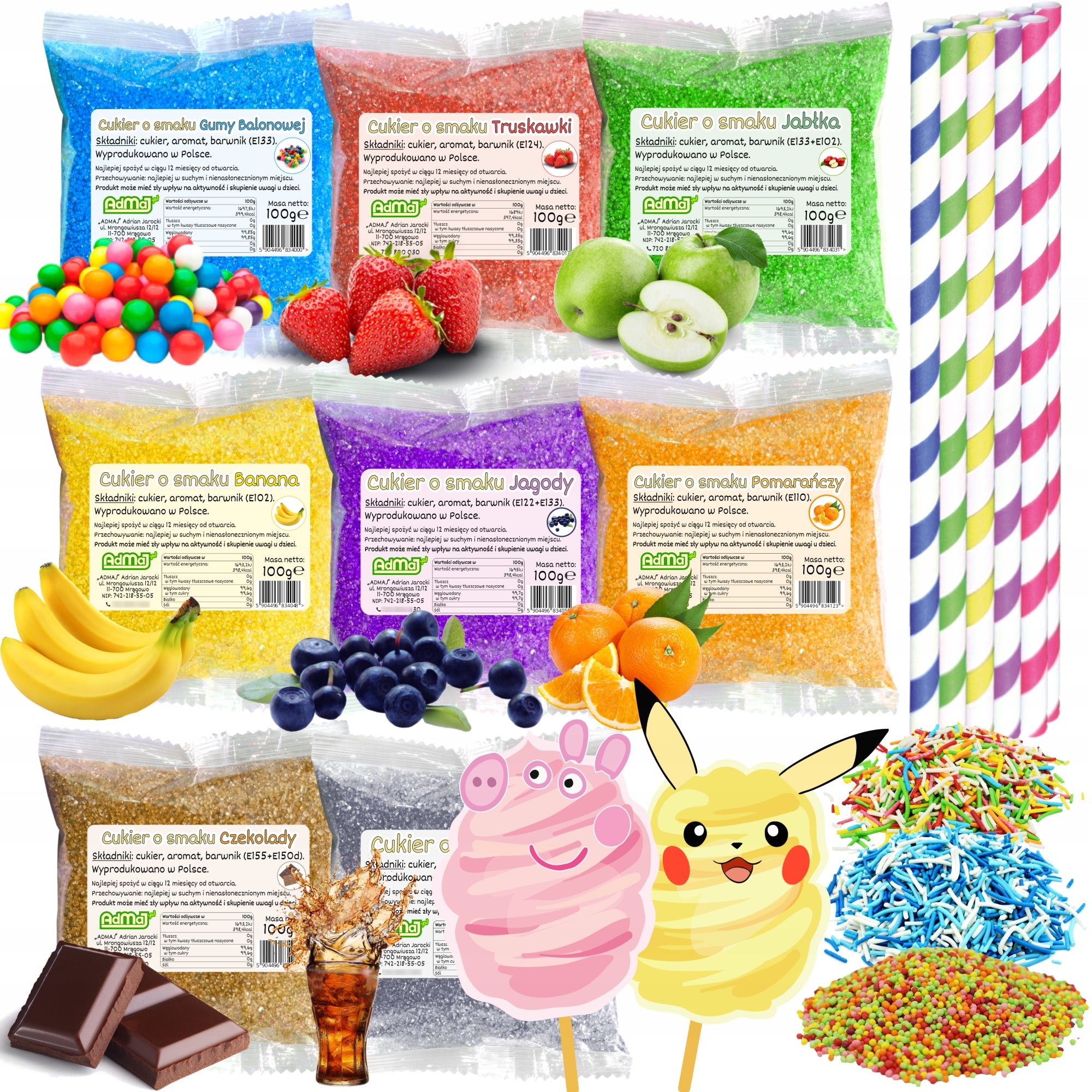 Set Sugar 8x 100g Colors and Flavours in Sachets + Sprinkles Straws Characters