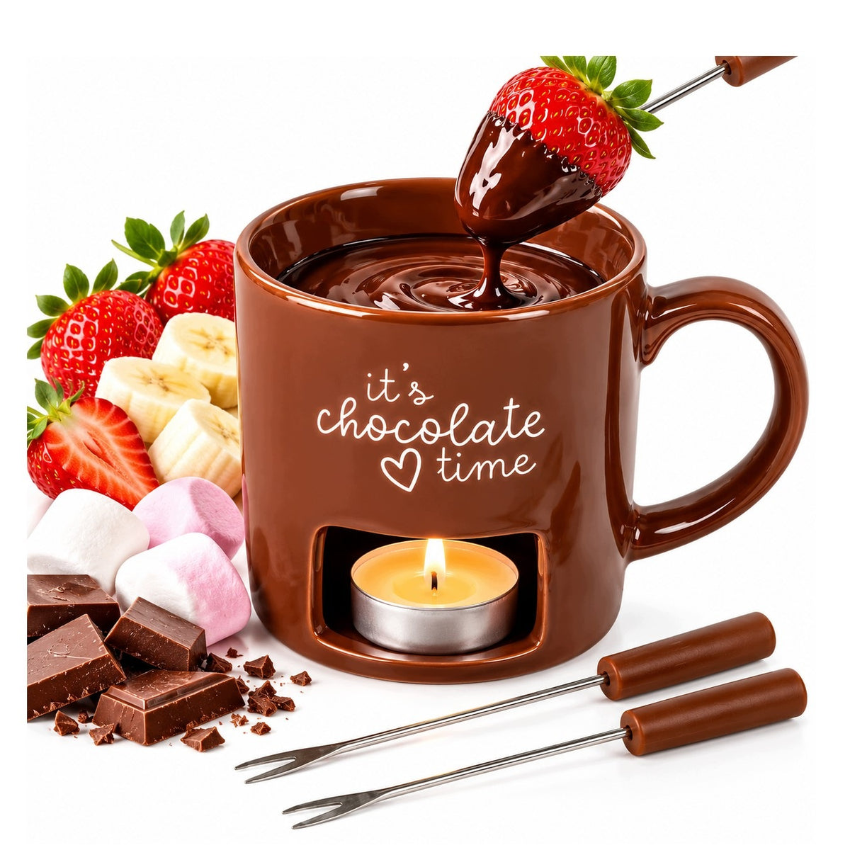 Set for Chocolate Fondue Ceramic Mug Brown 2 Forks Packaging status original