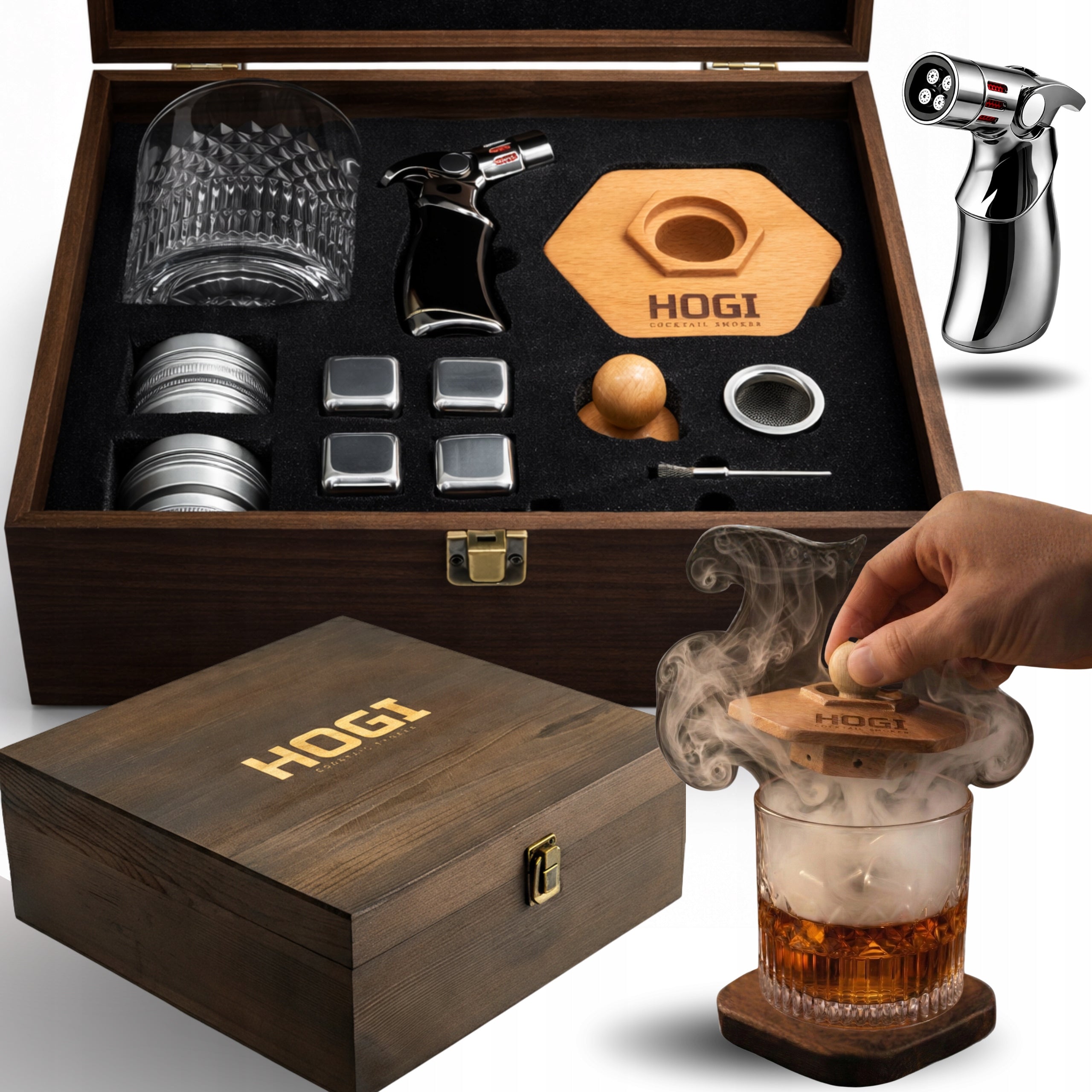 Set for Smoking Whisky XL Burner Wooden Box GLASS 4 FLAVORS