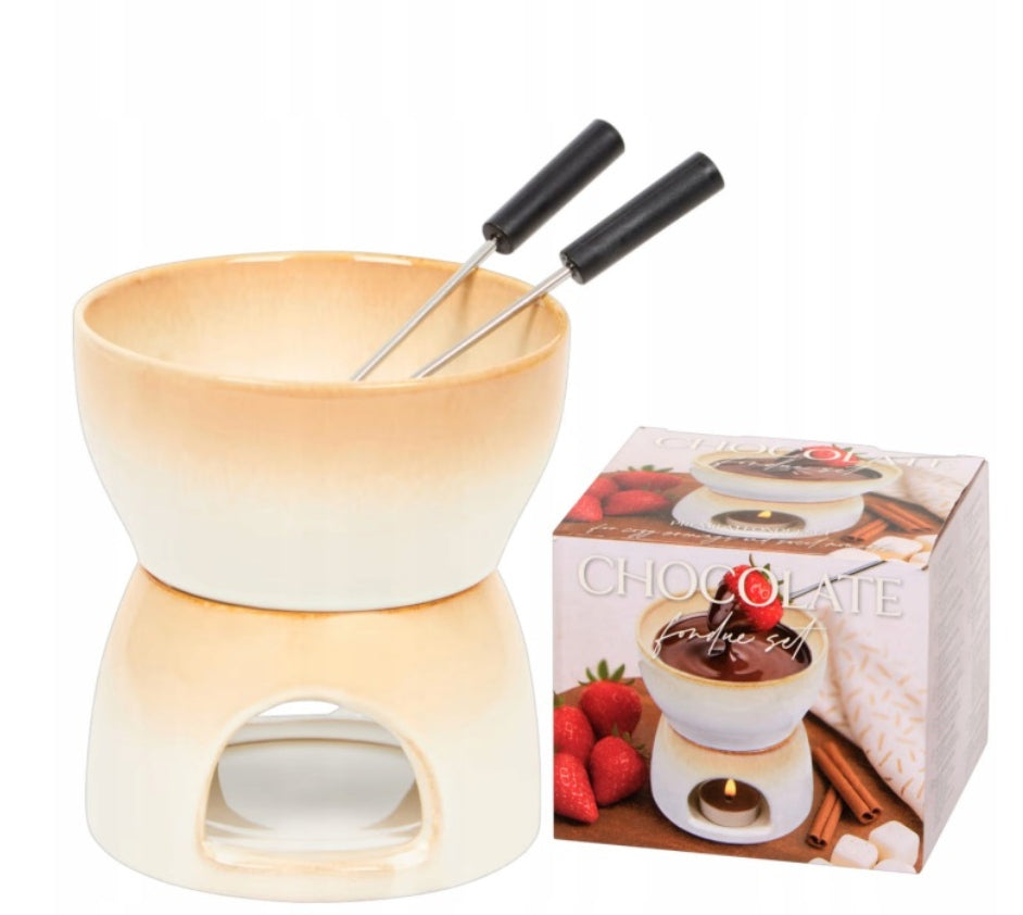 Set for fondue ceramic beige with forks 2 pcs.