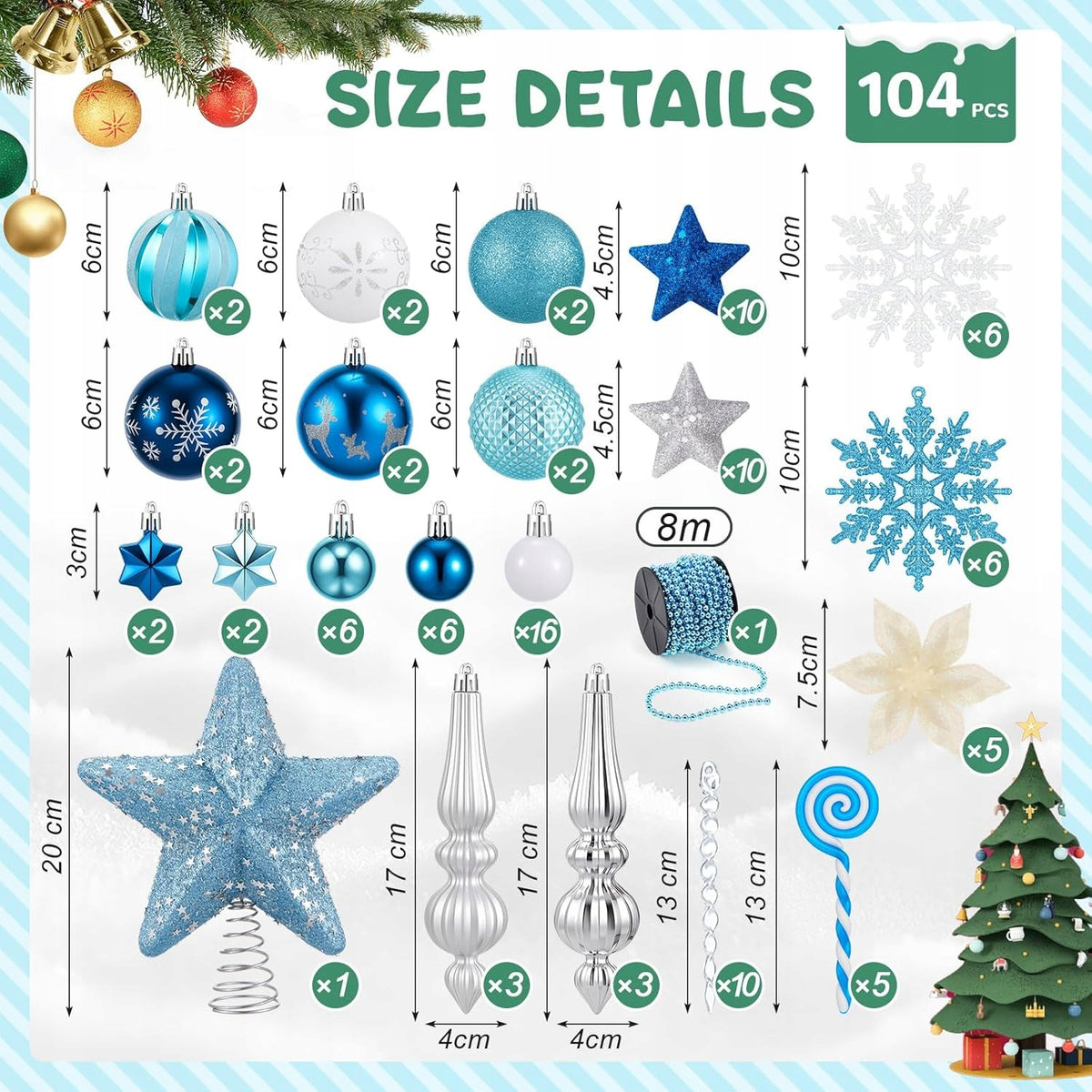 Set of 104 Blue and White Sinmoe Christmas Tree Ornaments Glitter Silver Manufacturer code B0FJS2S4BV