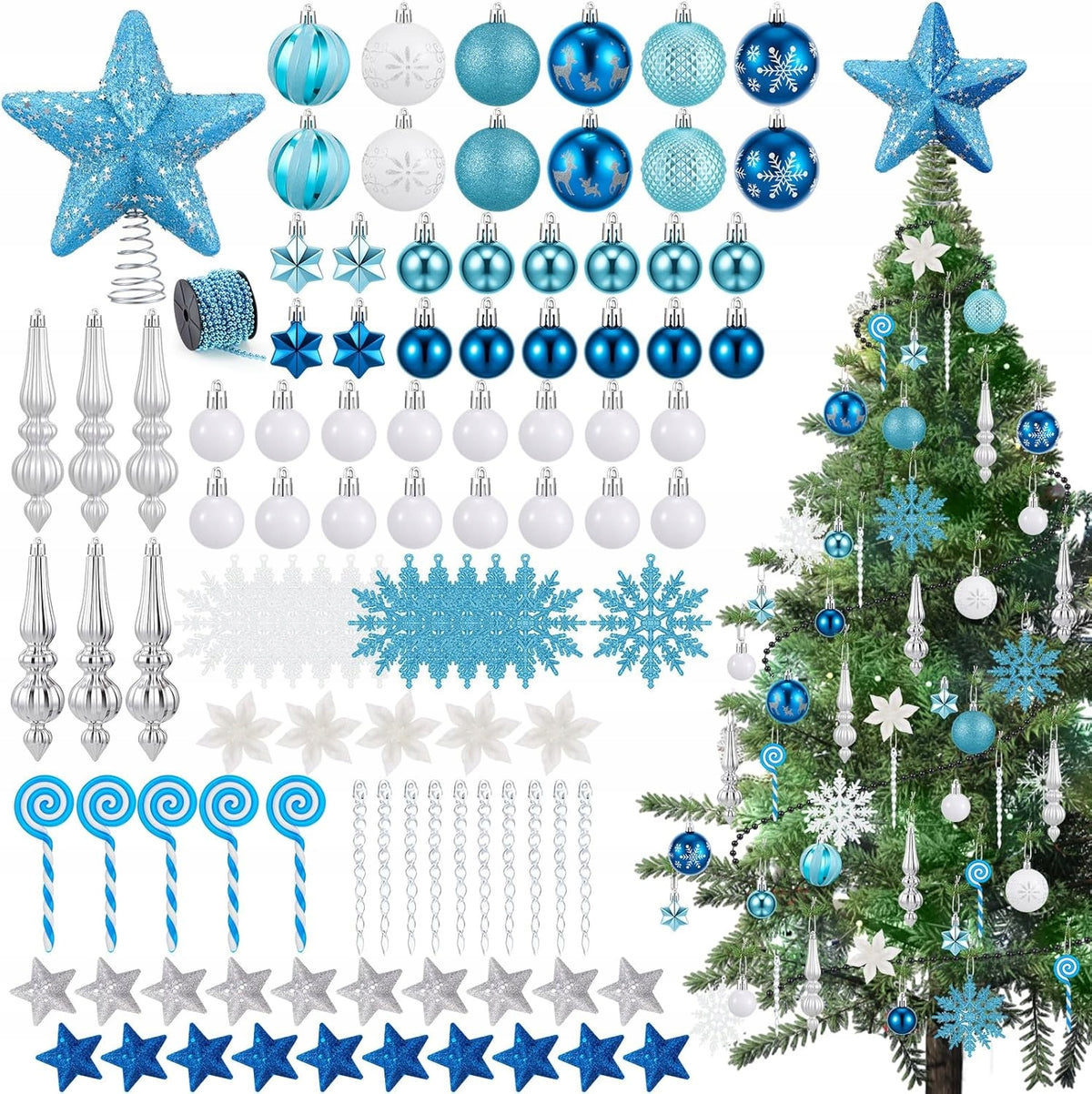 Set of 104 Blue and White Sinmoe Christmas Tree Ornaments Glitter Silver