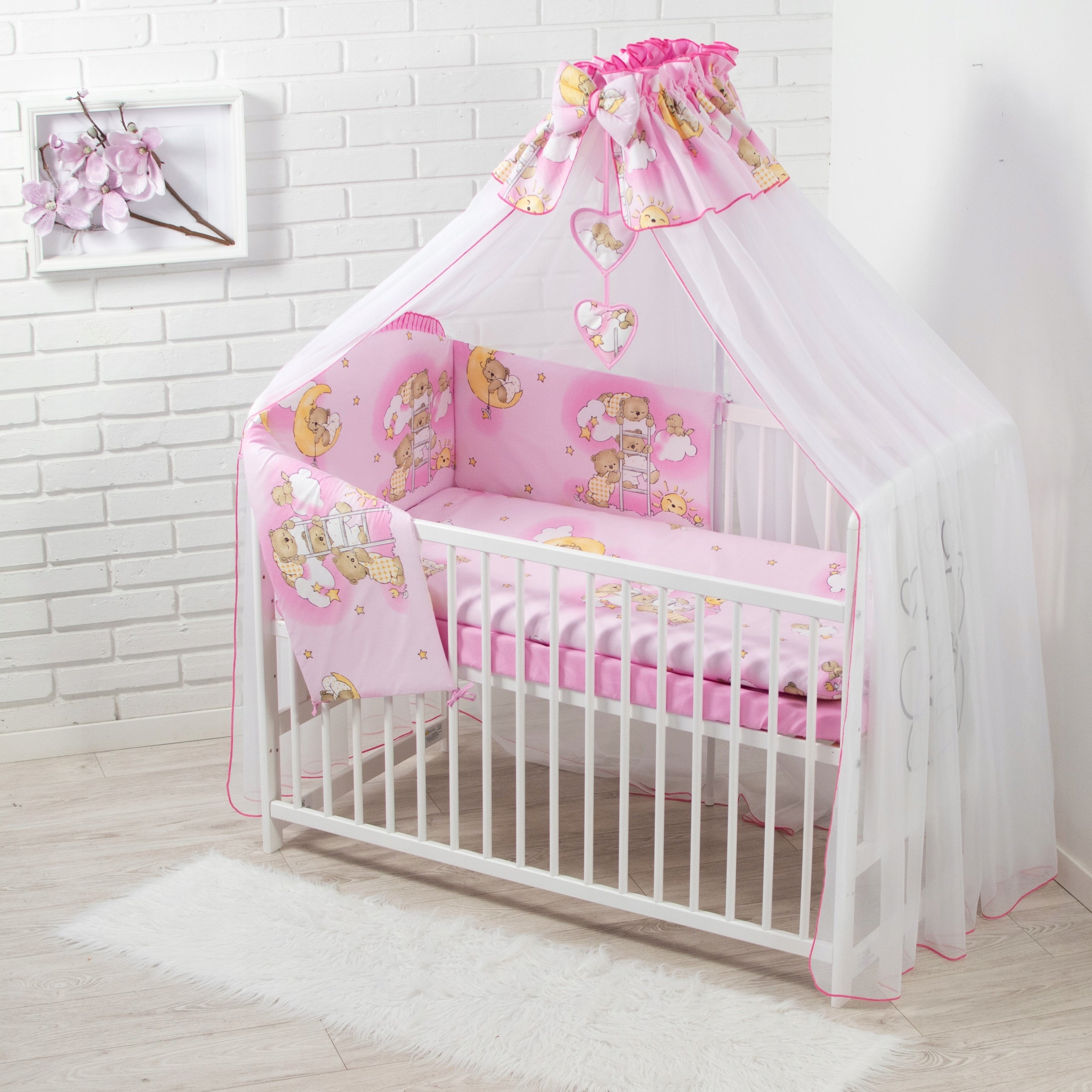 Set of 13 el. Cot 60x120 + mattress + bedding with canopy Manufacturer code 13 Drabinki Różowe
