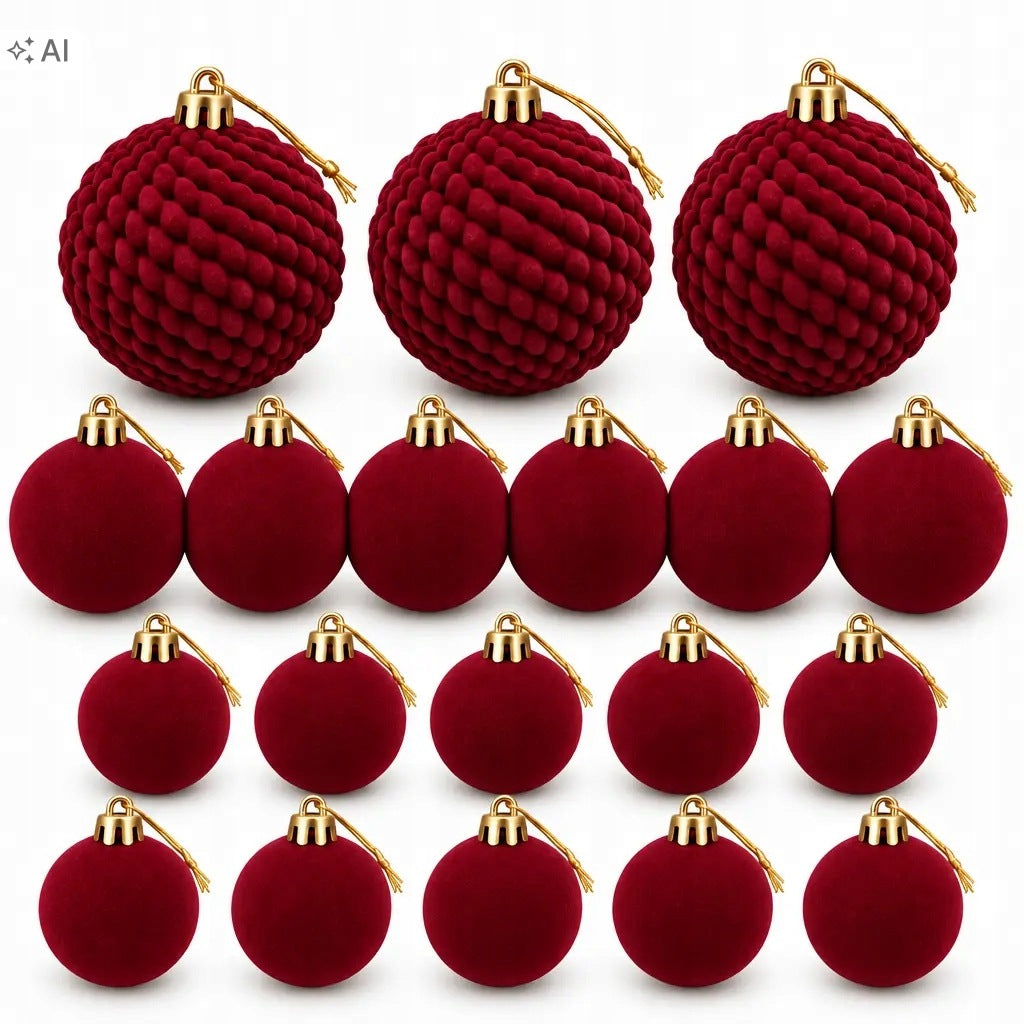 Set of 19 flocked Christmas balls 4 6 8 cm burgundy plastic Brand Przydasie.pl